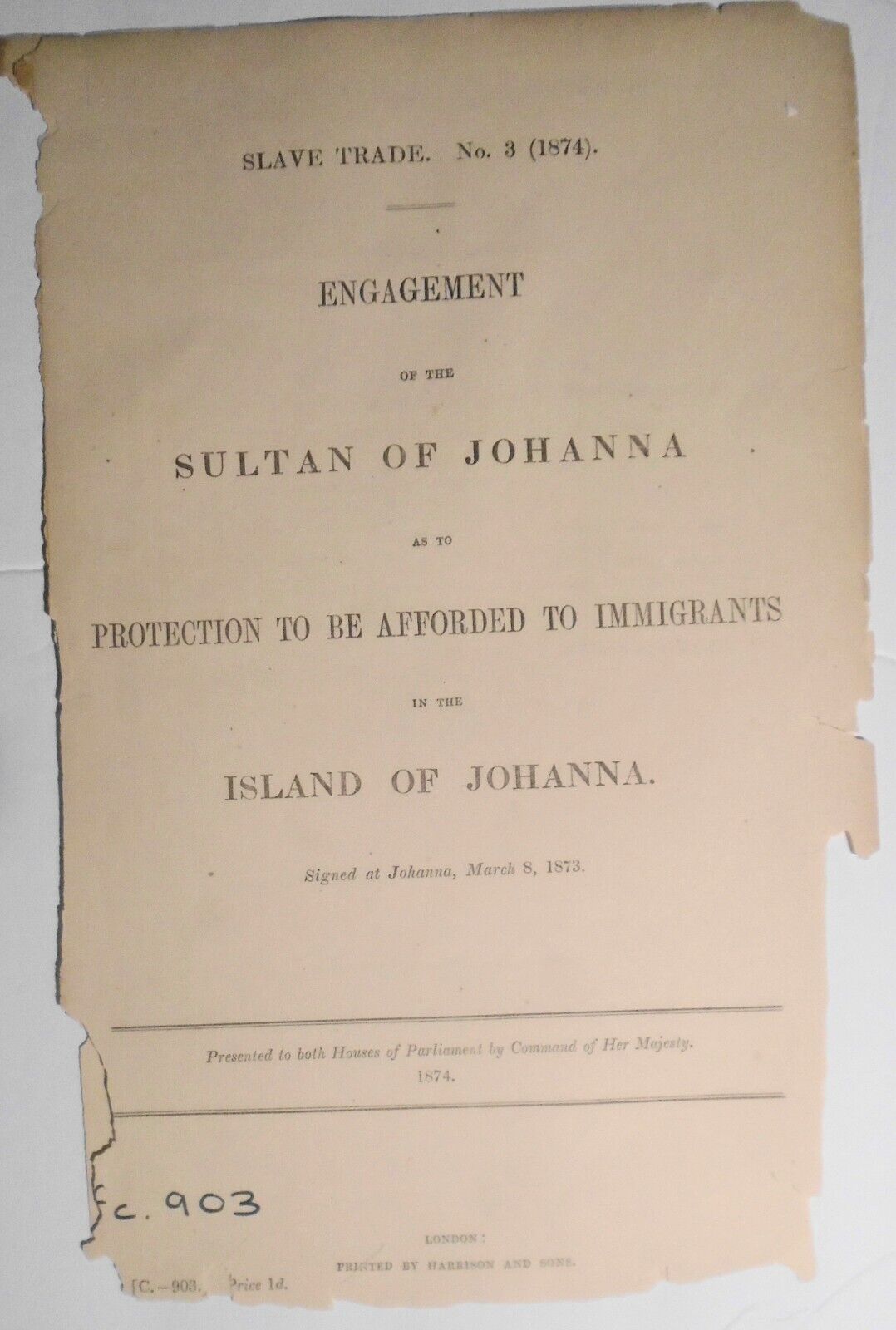 1874 [Slave Trade] Engagement of Sultan of Johanna in protection of  immigrants