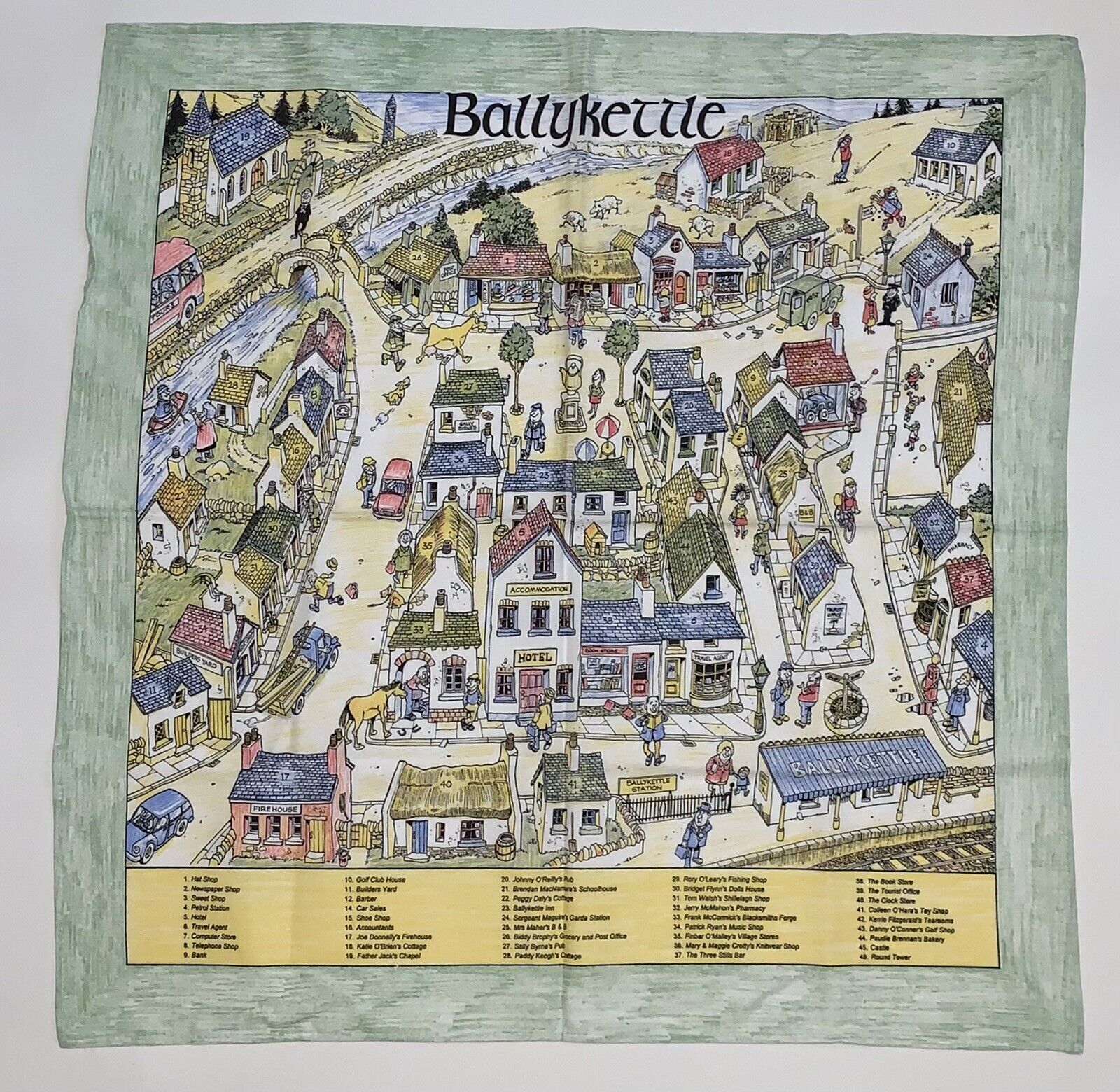 BALLYKETTLE Tea Towel Town Cartoon Map with Round Tower, Castle, Church (29\