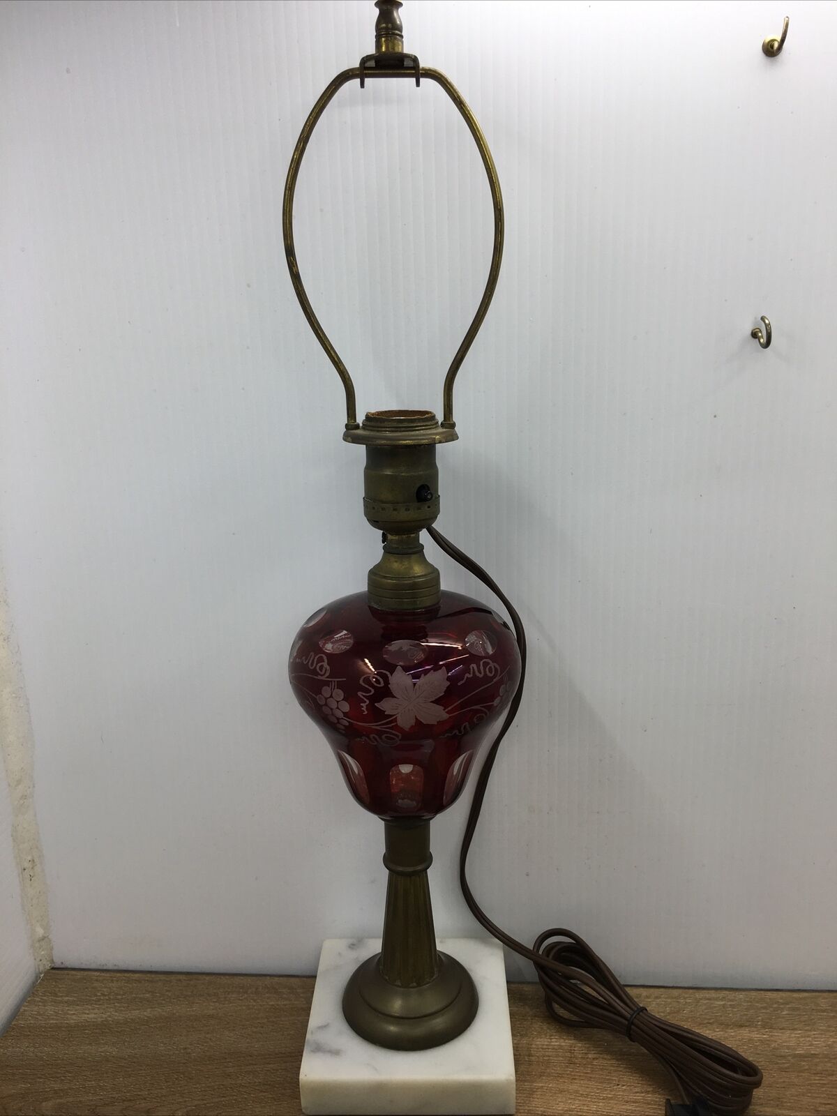 Cranberry Glass Ruby Red Cut to Clear Antique Electric Oil Lamp Brass & Marble
