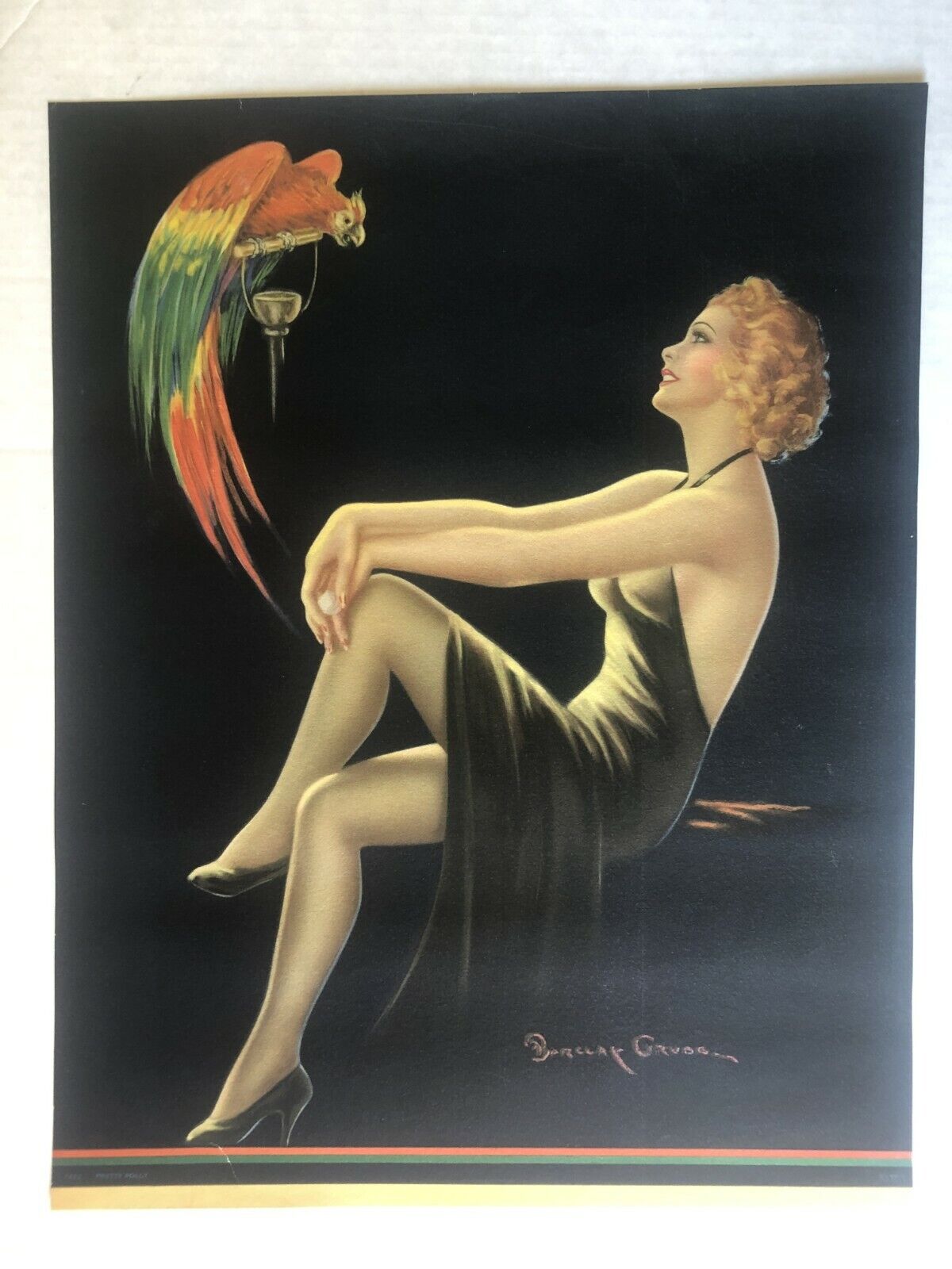 Beautiful 1938 Pinup Girl Picture by Barclay Grubben- Blond Woman w/ Parrot