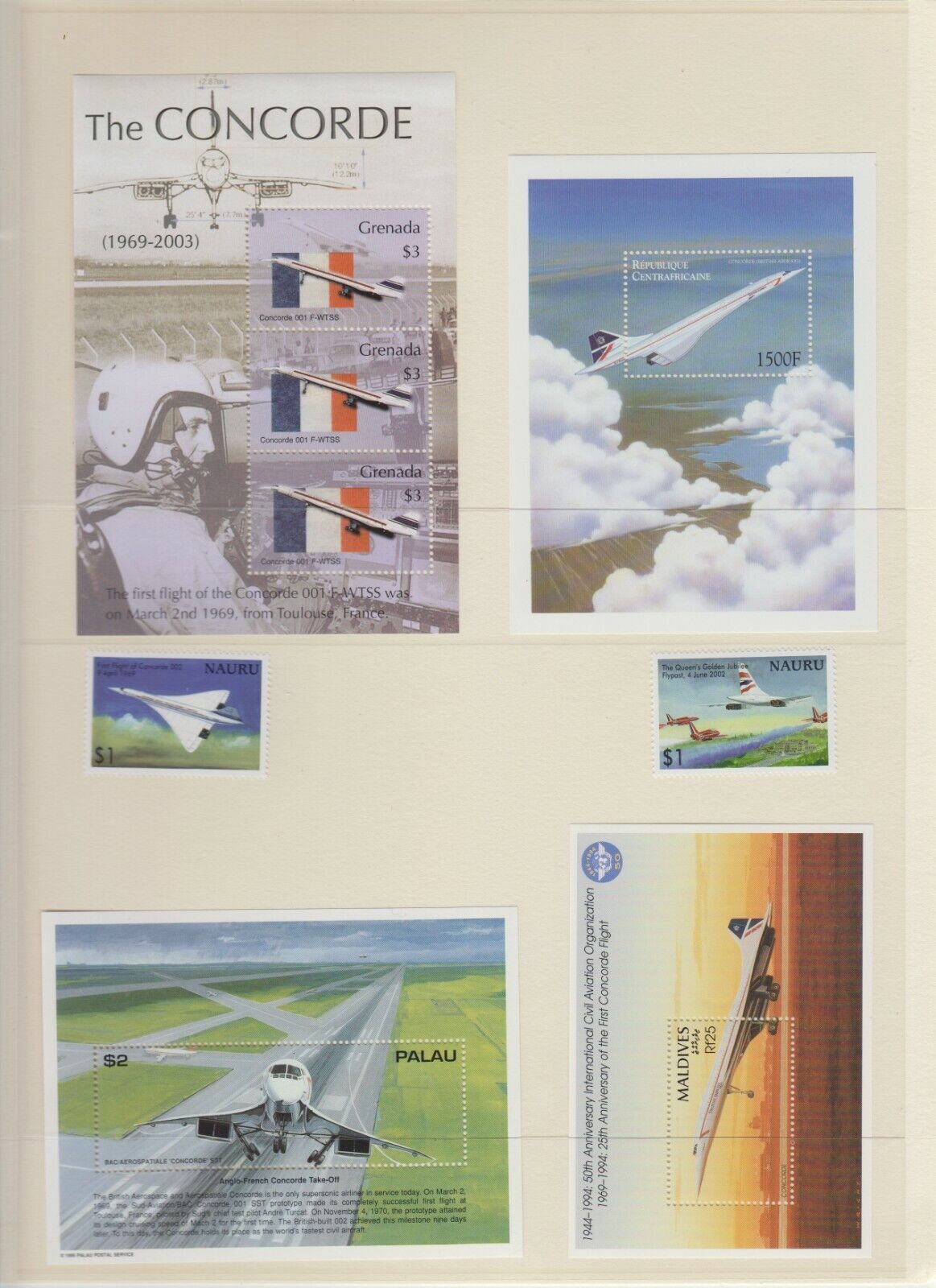 Concorde COLLECTION OF 6 STAMP SHEETS AND 2 STAMPS ALL MNH MALDIVES PALAU ETC