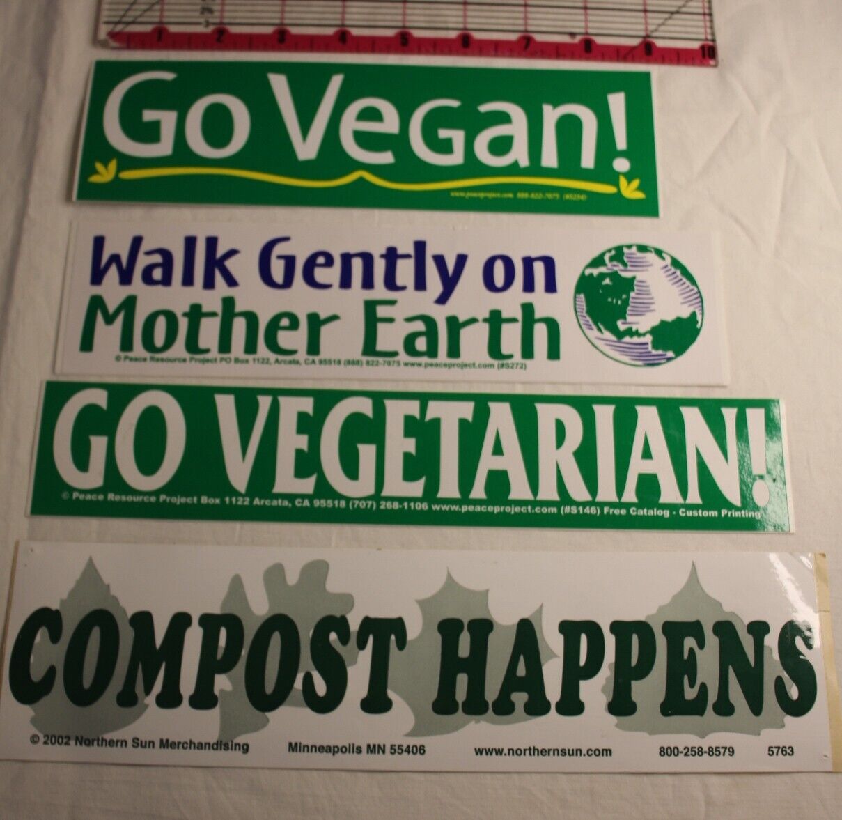 vegetarian Bumper Sticker lot of 4 go vegan, compost happens, walk gently