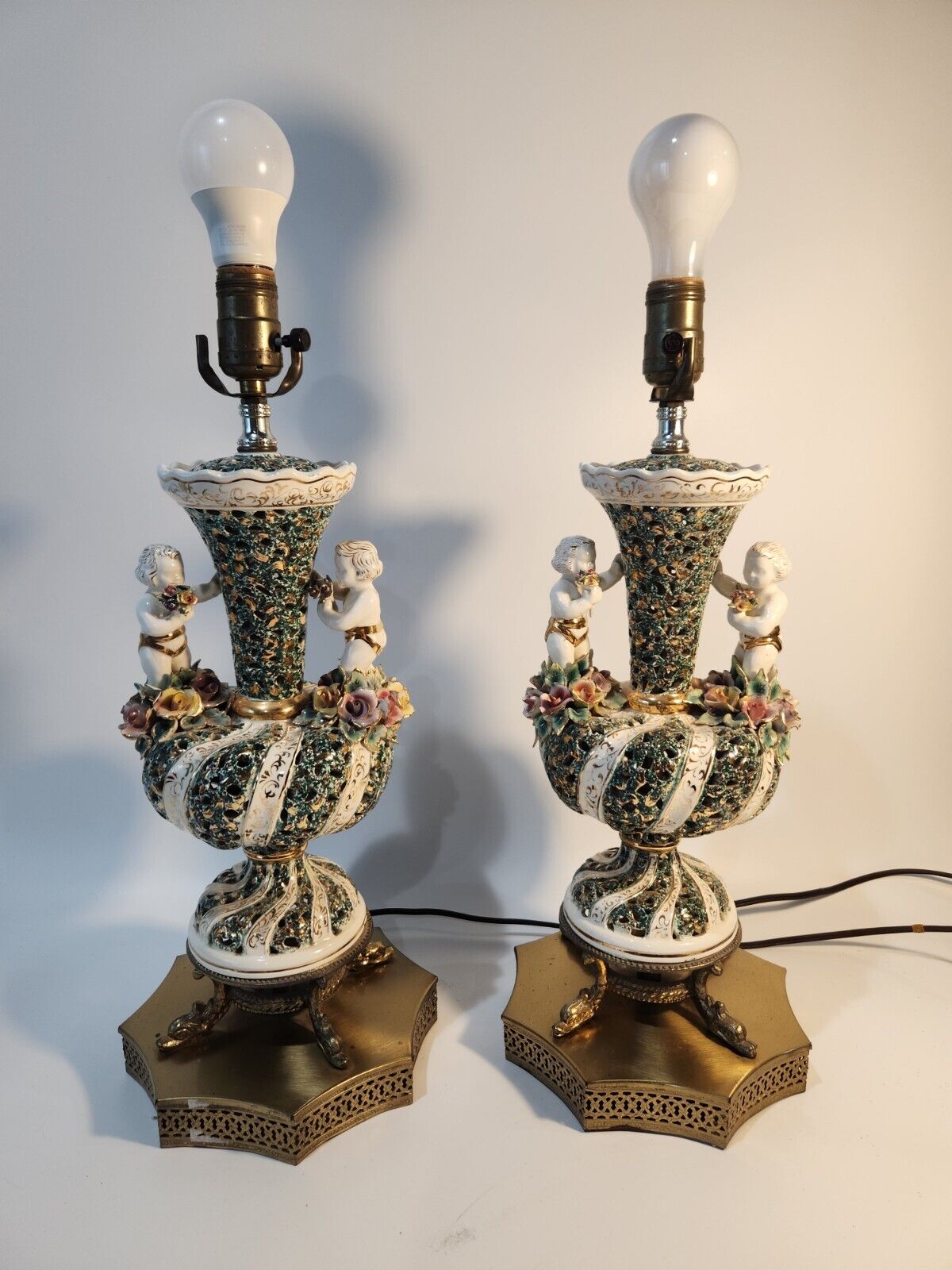 PAIR Antique Vintage Porcelian Lamps  Works Beautiful Cherubs Floral Gold