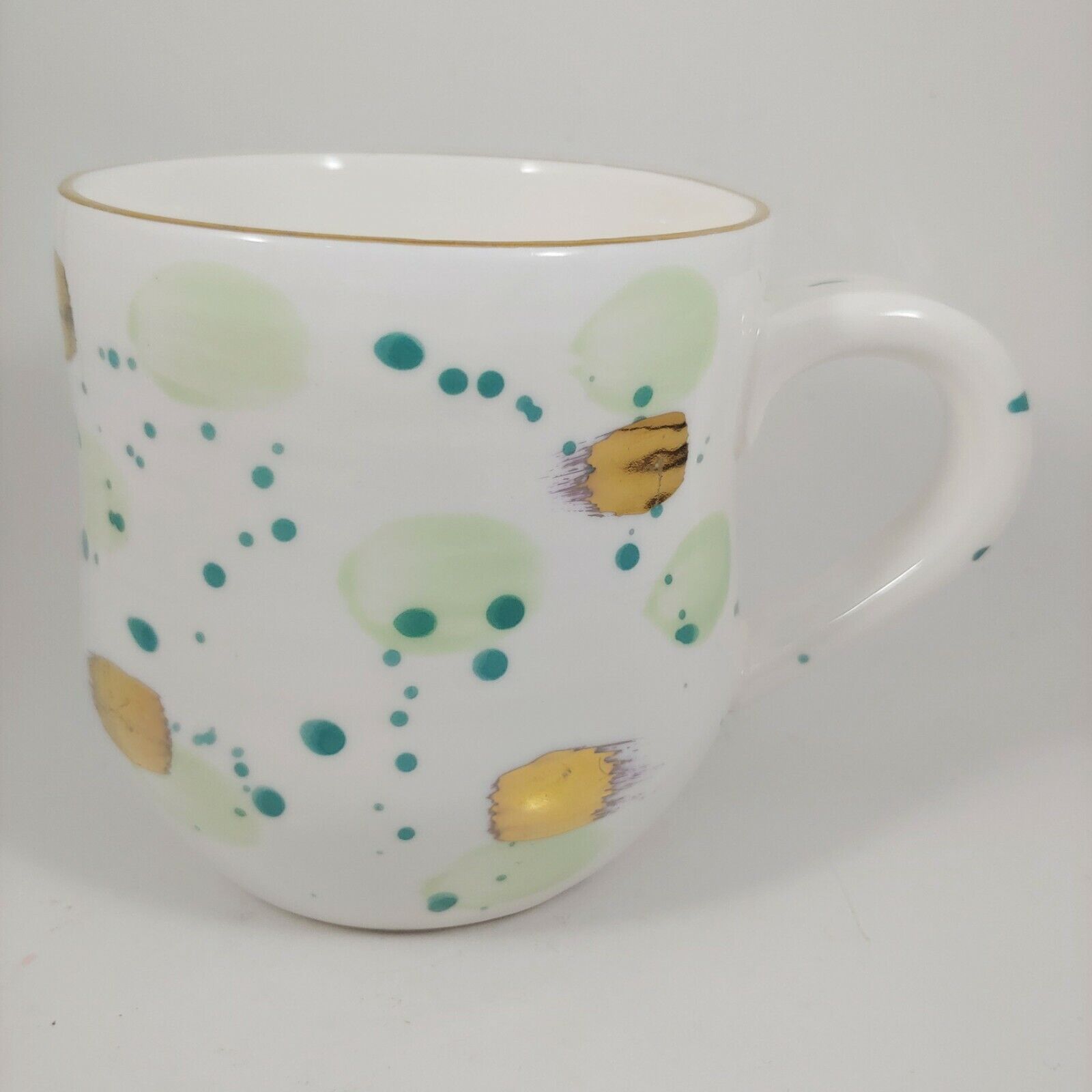 ANTHROPOLOGIE Coffee Mug / Cup - Green & Gold Dots Suite One Studio - 16oz Large