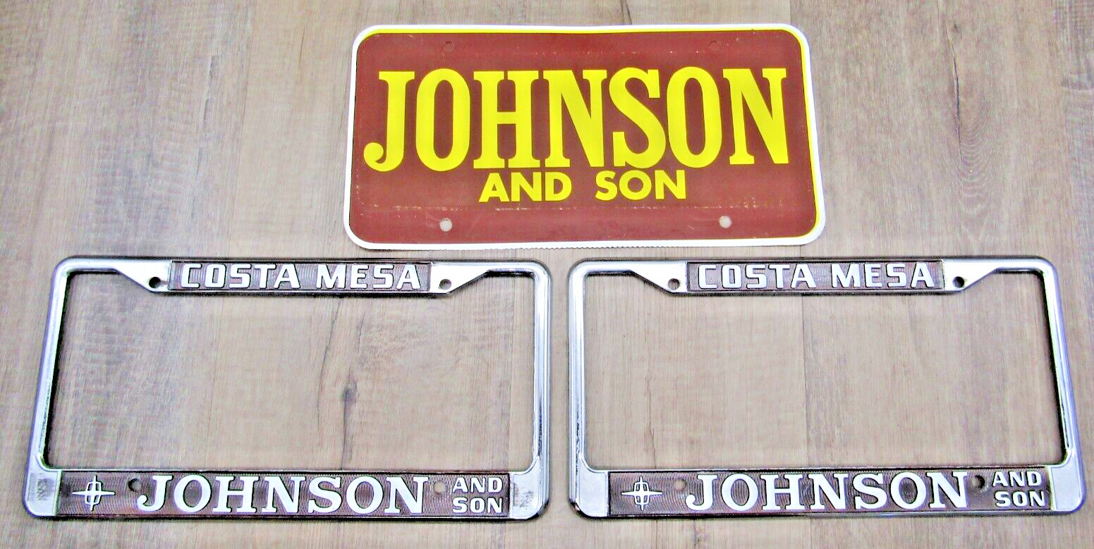 LINCOLN Vtg 2 Metal License Plate Frames Johnson and Son Costa Mesa Mercury