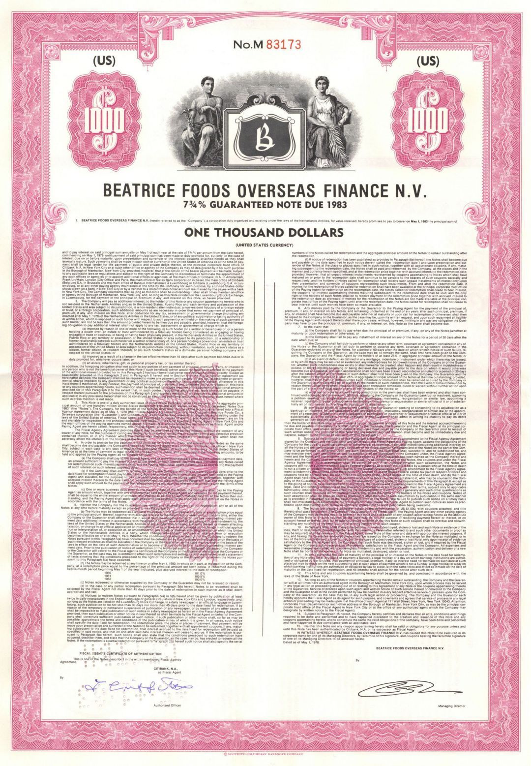 Beatrice Foods Overseas Finance, N.V. - 1978 dated $1,000 7.75% Bearer Bond - Fo