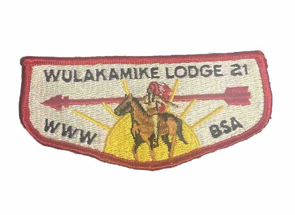 Boy Scout OA Wulakamike Lodge 21 Flap White Bg Red Bdr Vintage Mint