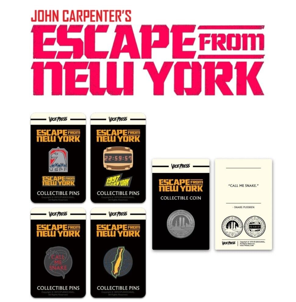 ⚡RARE⚡ 1981 John Carpenter's ESCAPE FROM NEW YORK 4 Pin Set & 1 Coin *BRAND NEW*