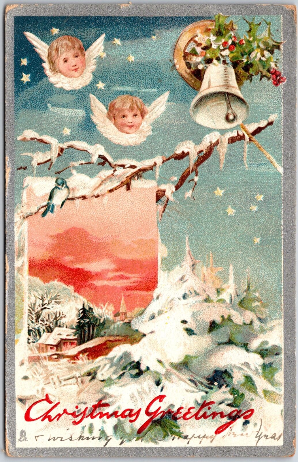 1908 Christmas Greetings Angels Bell Bird Winter Snow Landscape Posted Postcard