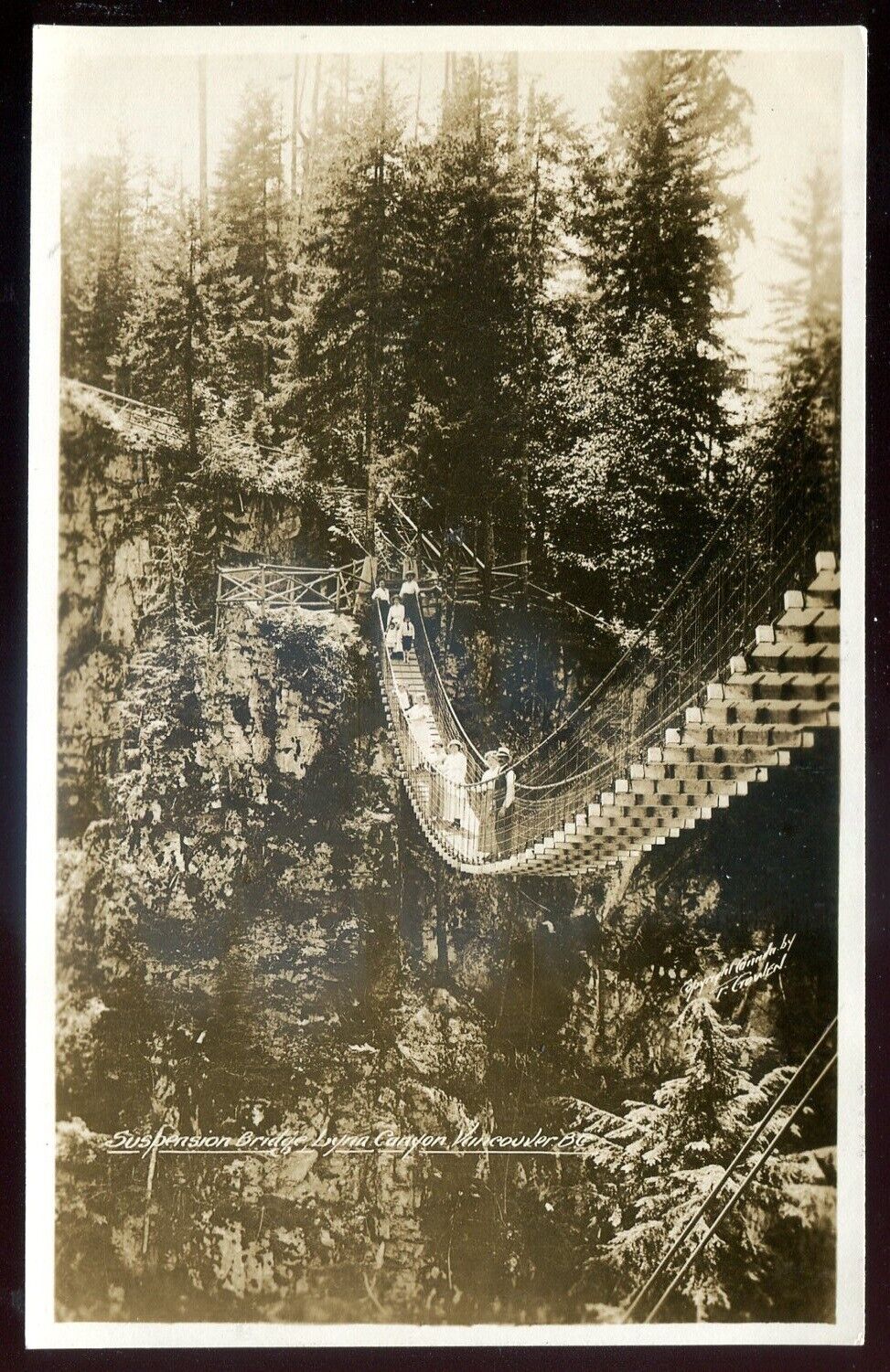 VANCOUVER BC 1930s Lynn Canyon Suspension Bridge. Real Photo Postcard by Gowen S
