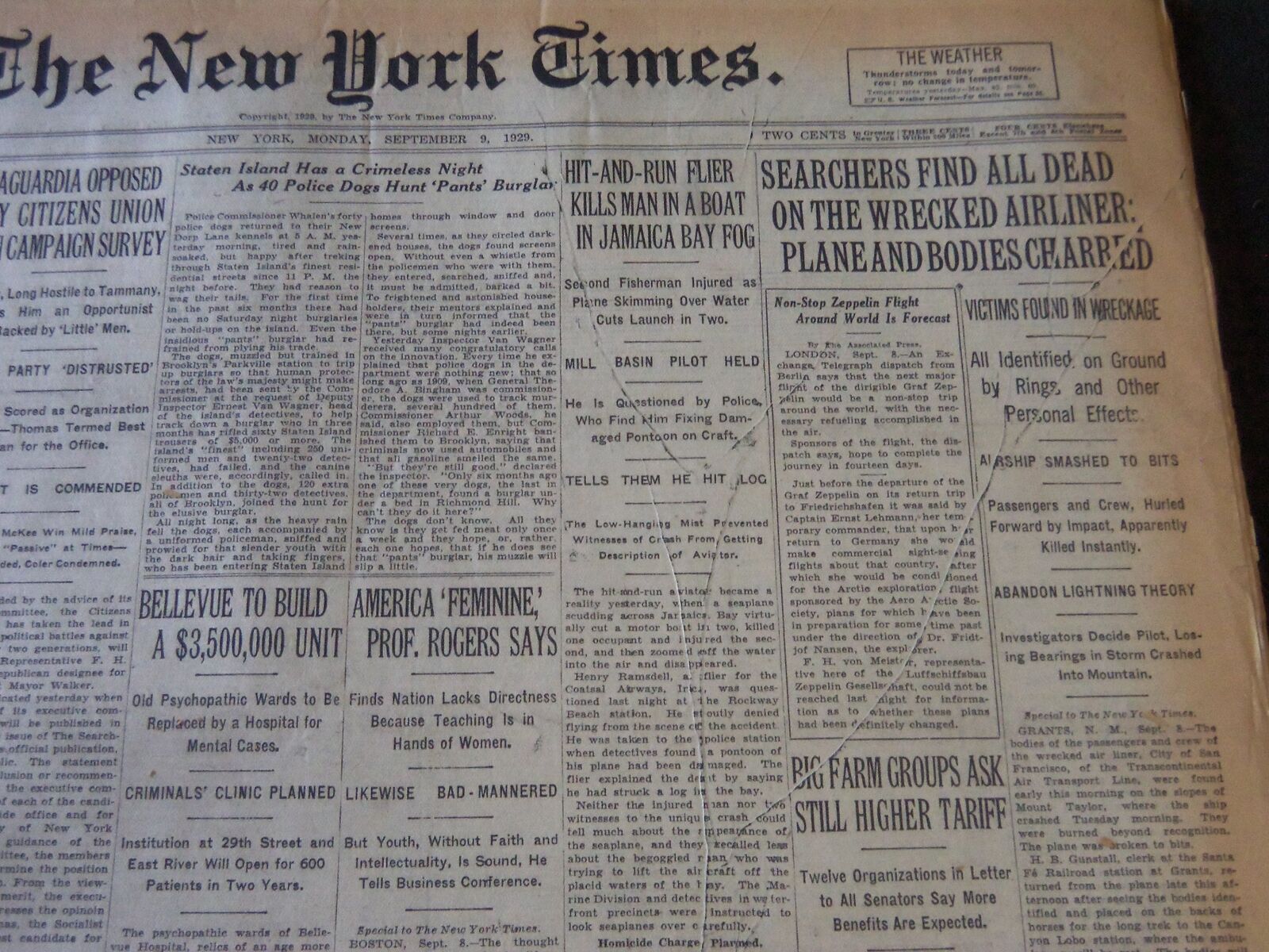 1929 SEPT 9 NEW YORK TIMES - SEARCHERS FIND ALL DEAD WRECKED AIRLINER - NT 6567