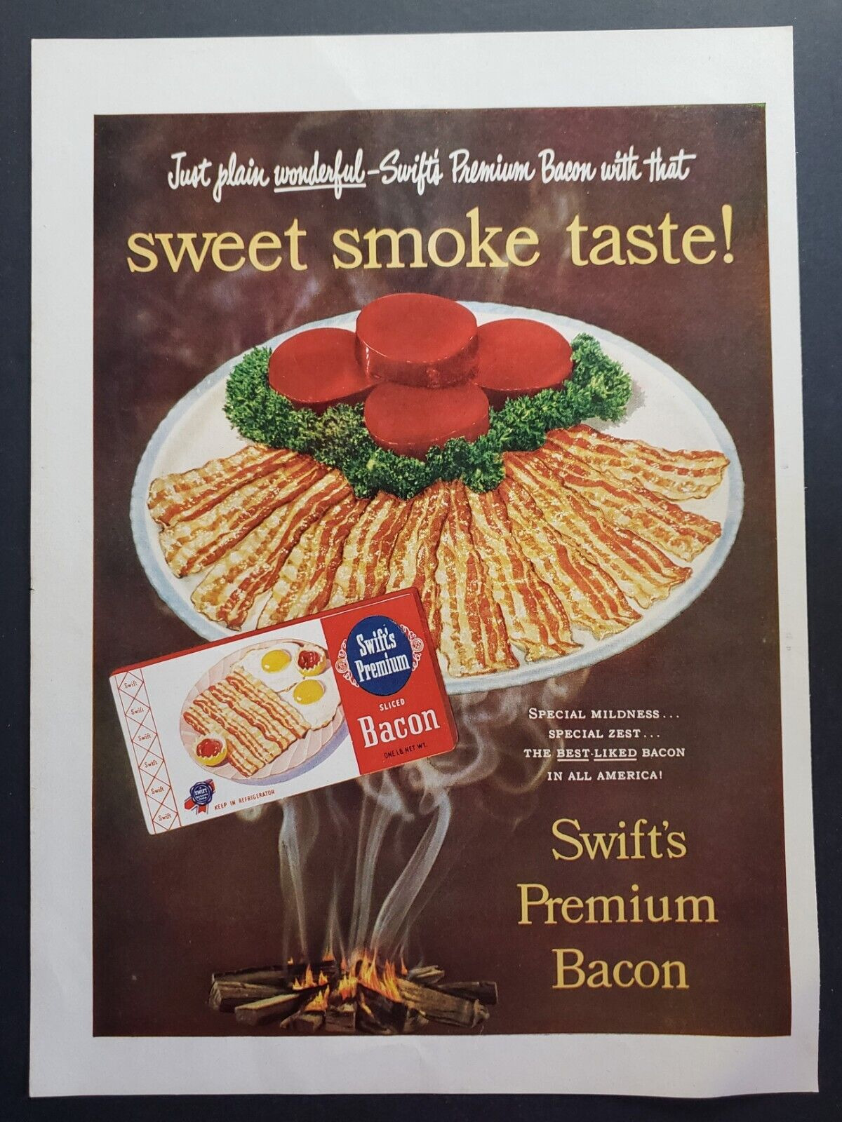 1952 Swift\'s Premium Bacon Sweet Smoke Taste Campfire Print Ad