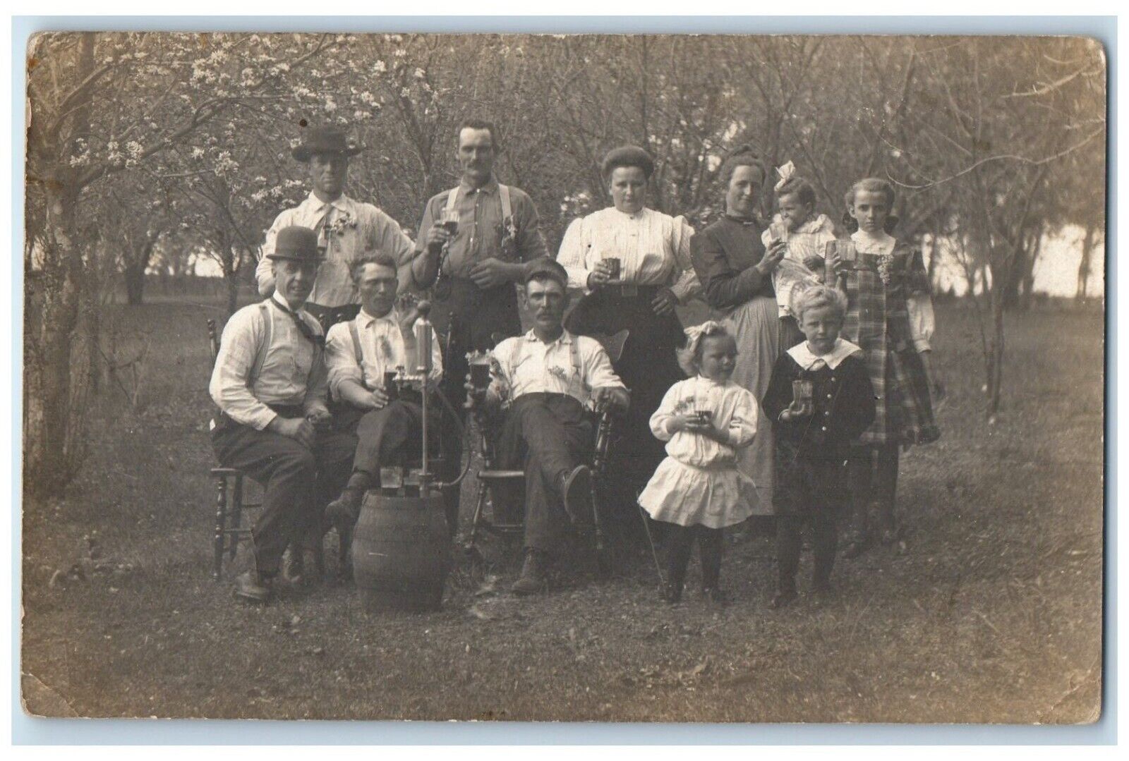 c1910s Beer Keg Barrel Pump Picnic Children RPPC Photo Unposted Antique Postcard