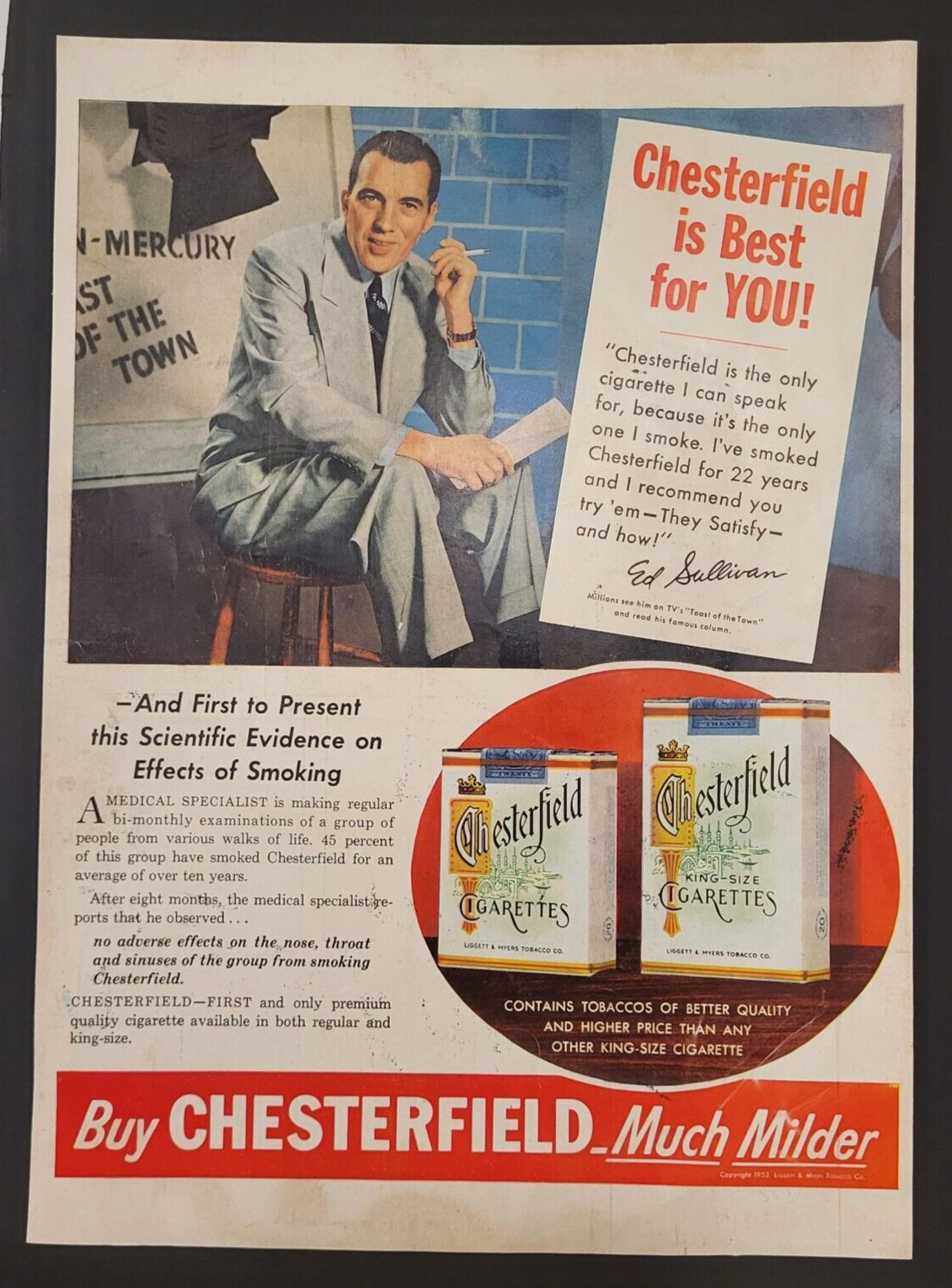 Ed Sullivan Chesterfield Cigarettes Print Ad 1953 Vintage