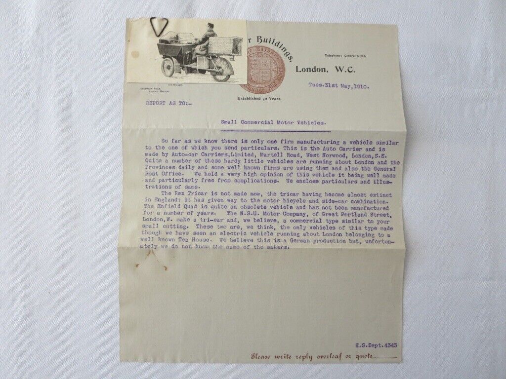 1910 Commerical Vehicle Motorcycle Company Letter Letterhead Rex Tricar Carrier 
