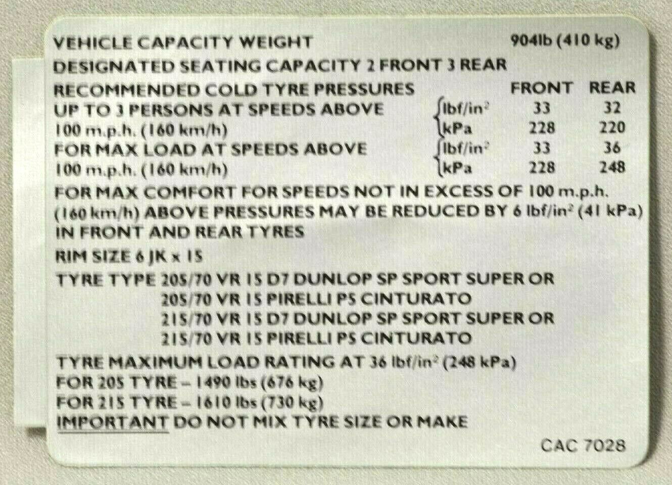 Jaguar Tire and weight sticker CAC-7028. Genuine Jaguar. NEW
