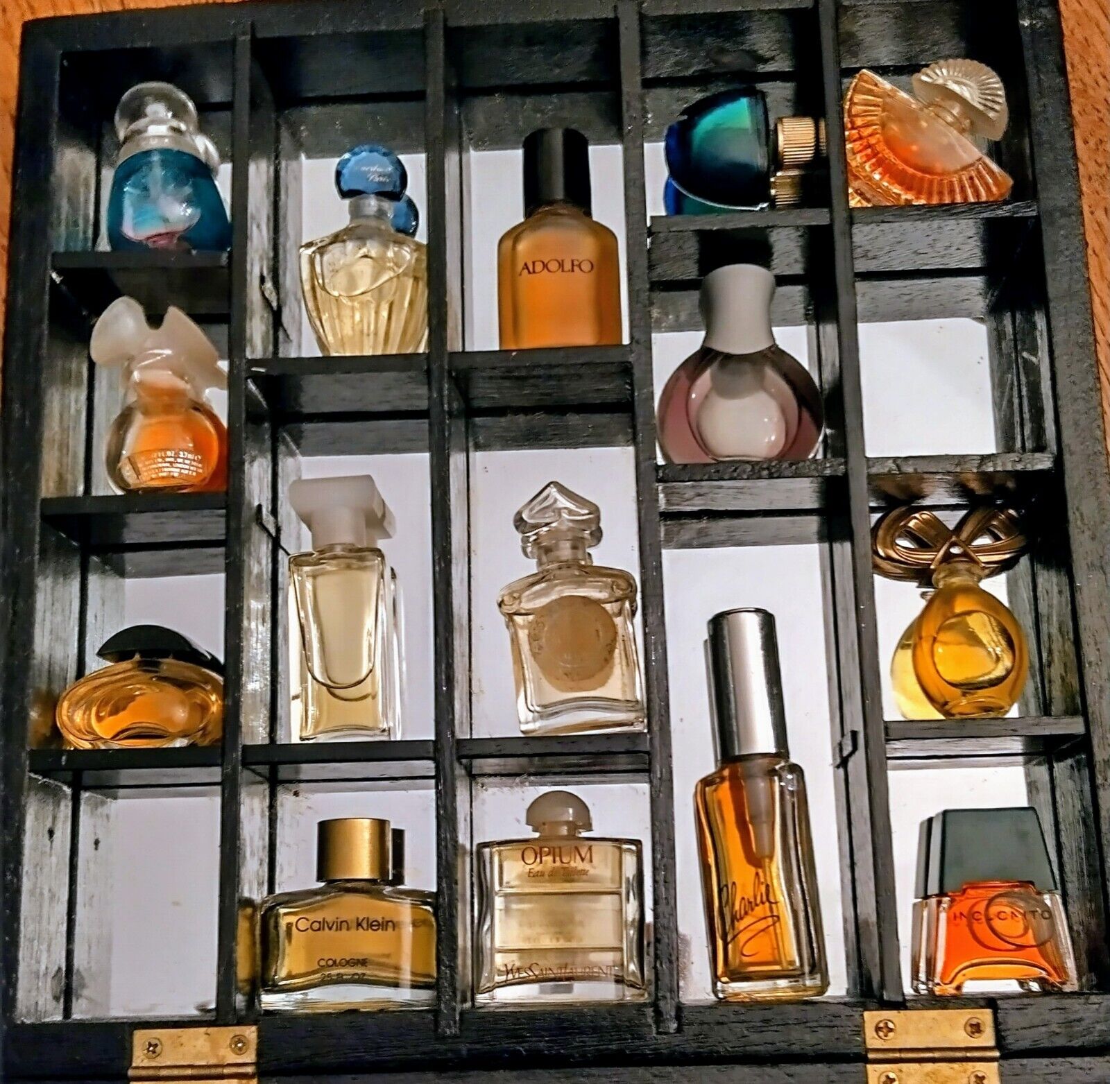 Vintage Rare Fragrance Miniature Travel Perfumes Lot Of 15 & Shadow Box Shelf