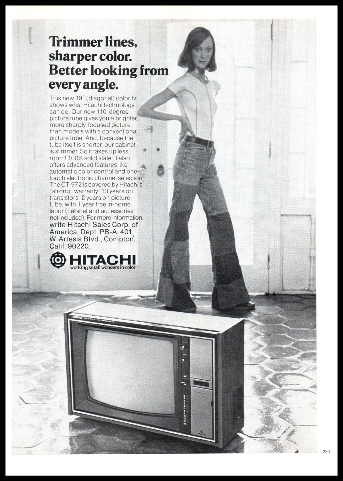 1974 Hitachi CT-972 TV Television CRT Vintage Print Ad Bell Bottoms Wall Art