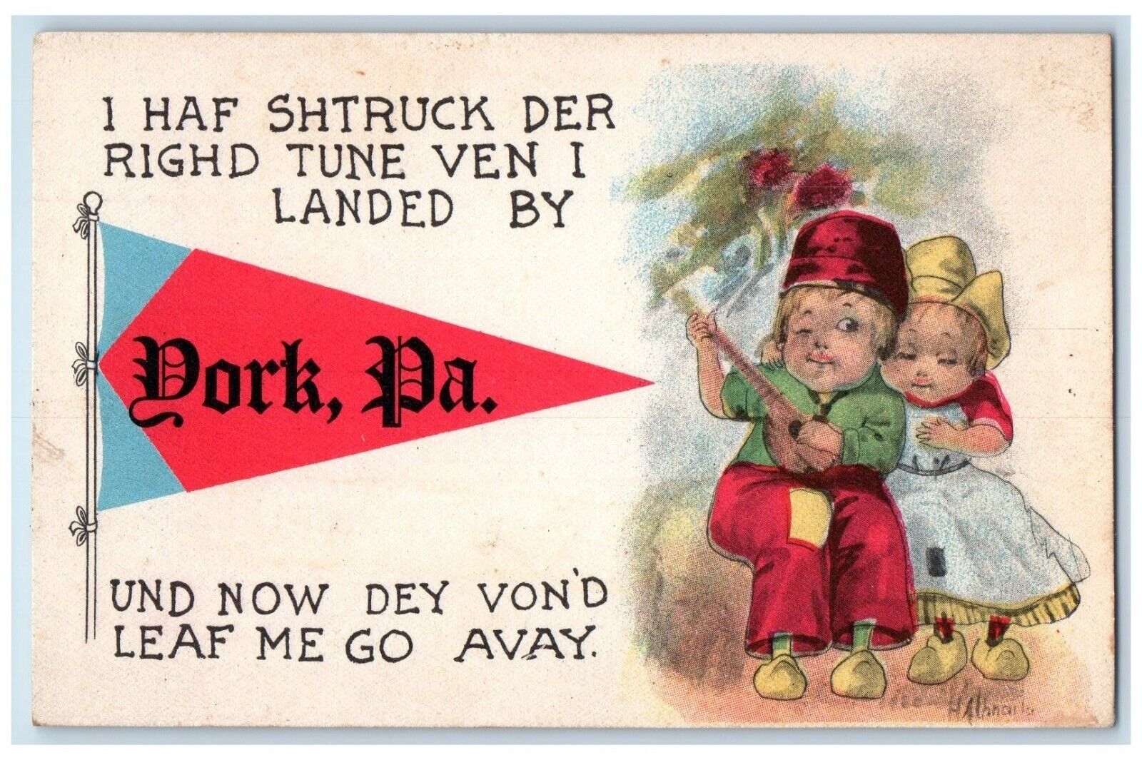 Dutch Girl Boy Playing Ukulele Pennant York Pennsylvania PA Antique Postcard