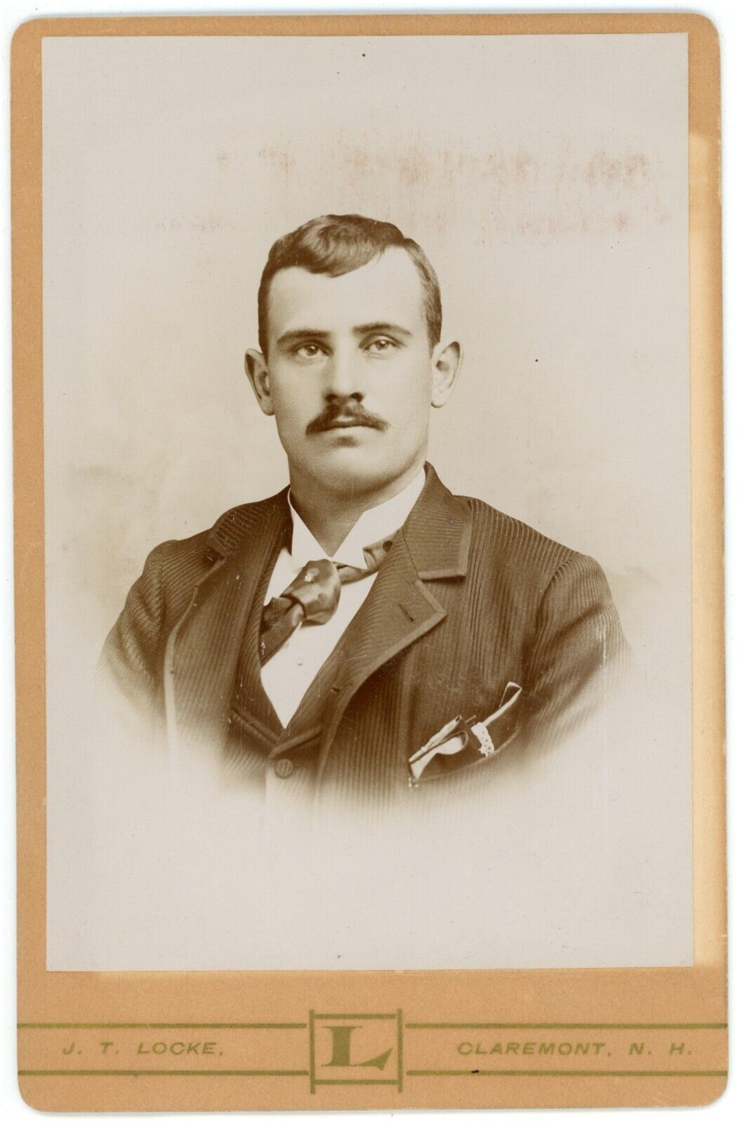 CIRCA 1890'S CABINET CARD Handsome Young Man  Mustache Suit Locke Claremont NH