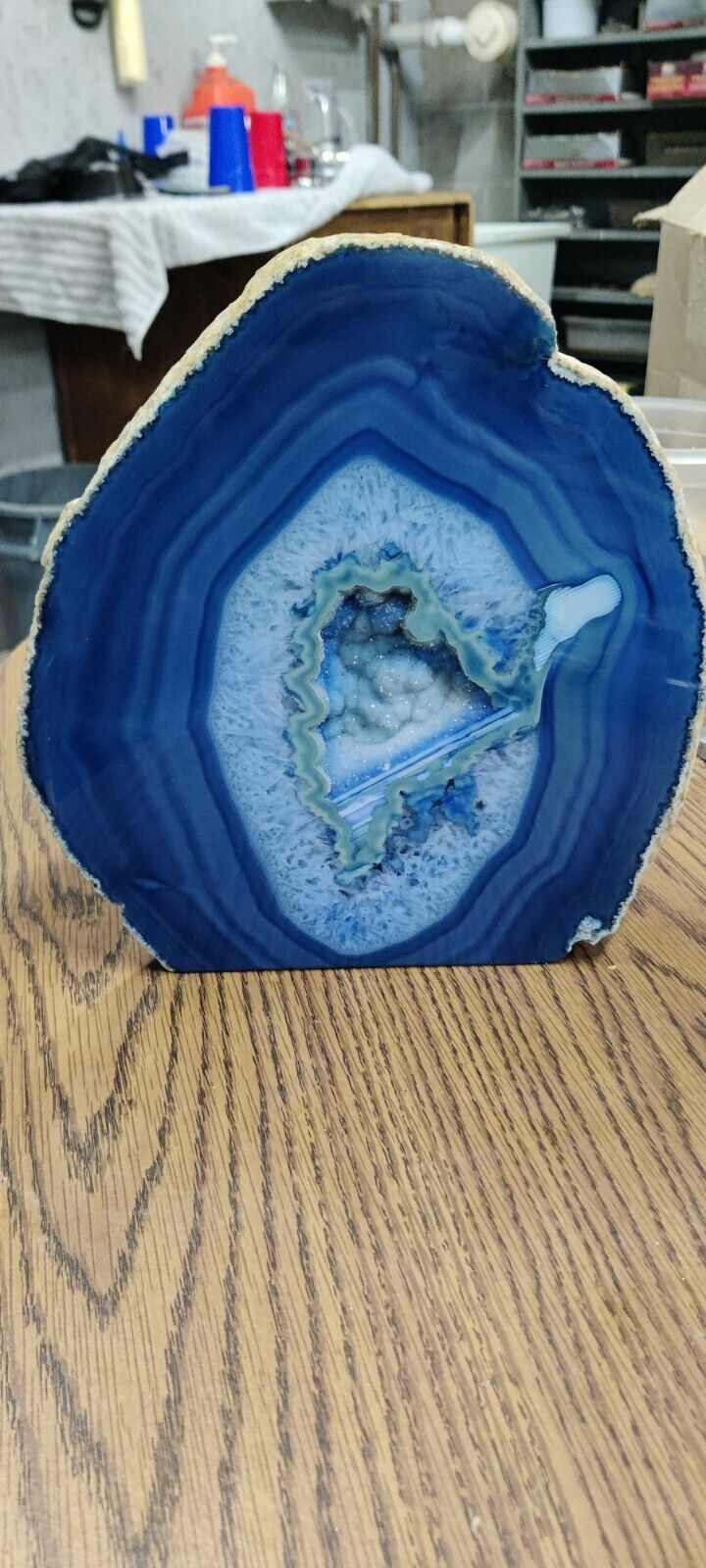 Blue Agate Geode With Quartz Banded Polished Over 14 Lbs