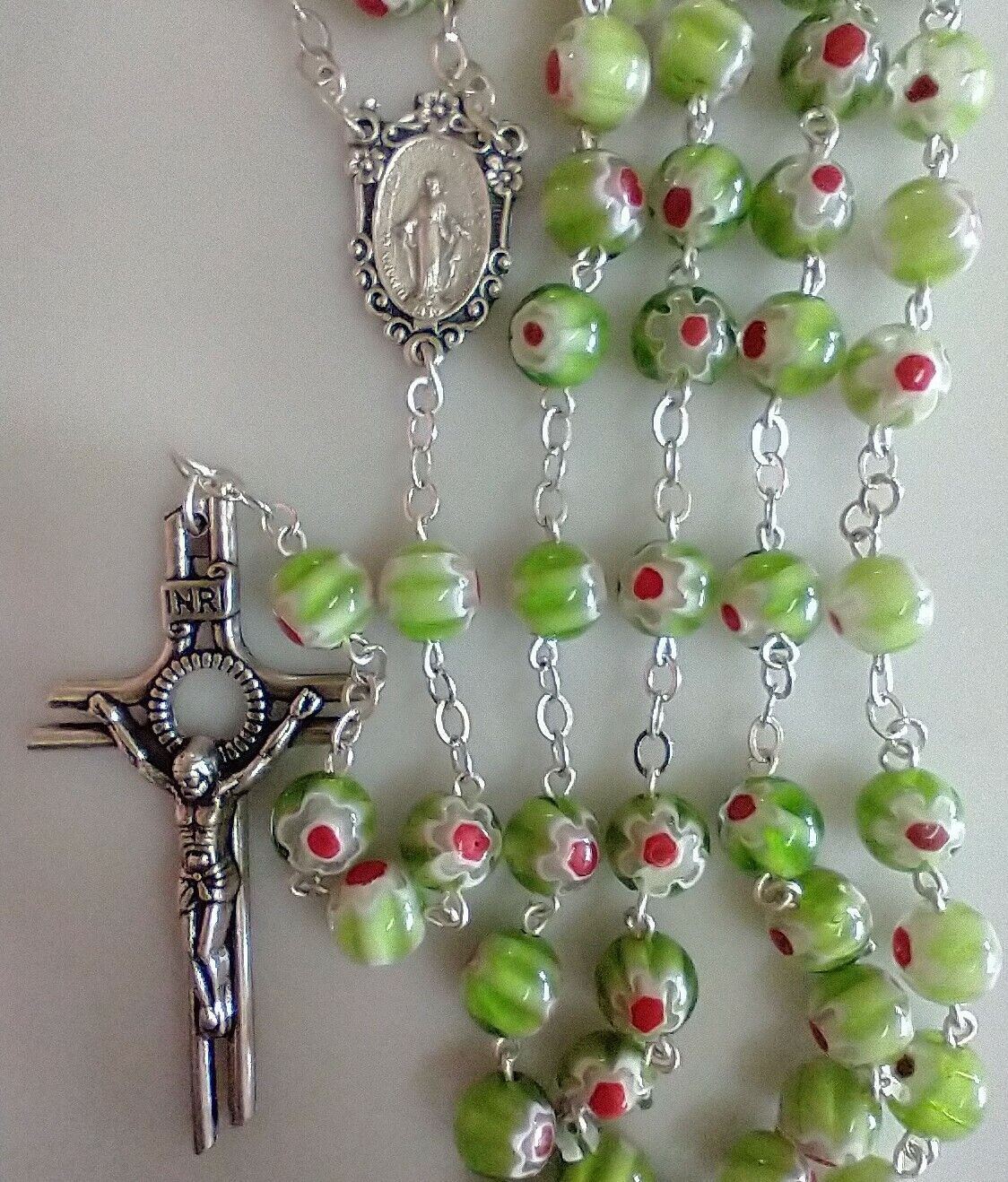 Catholic Green Red Murano Millefiori Glass 5 Decade Rosary Silver Tone Crucifix
