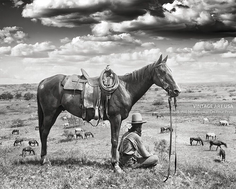 Vintage Texas Cowboy Photo - 1910 Horse Wrangler Black and White Photograph Art