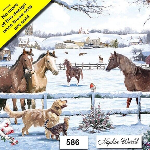 (586) TWO Individual Paper LUNCHEON Decoupage Napkins - HORSES WINTER ROBIN DOG