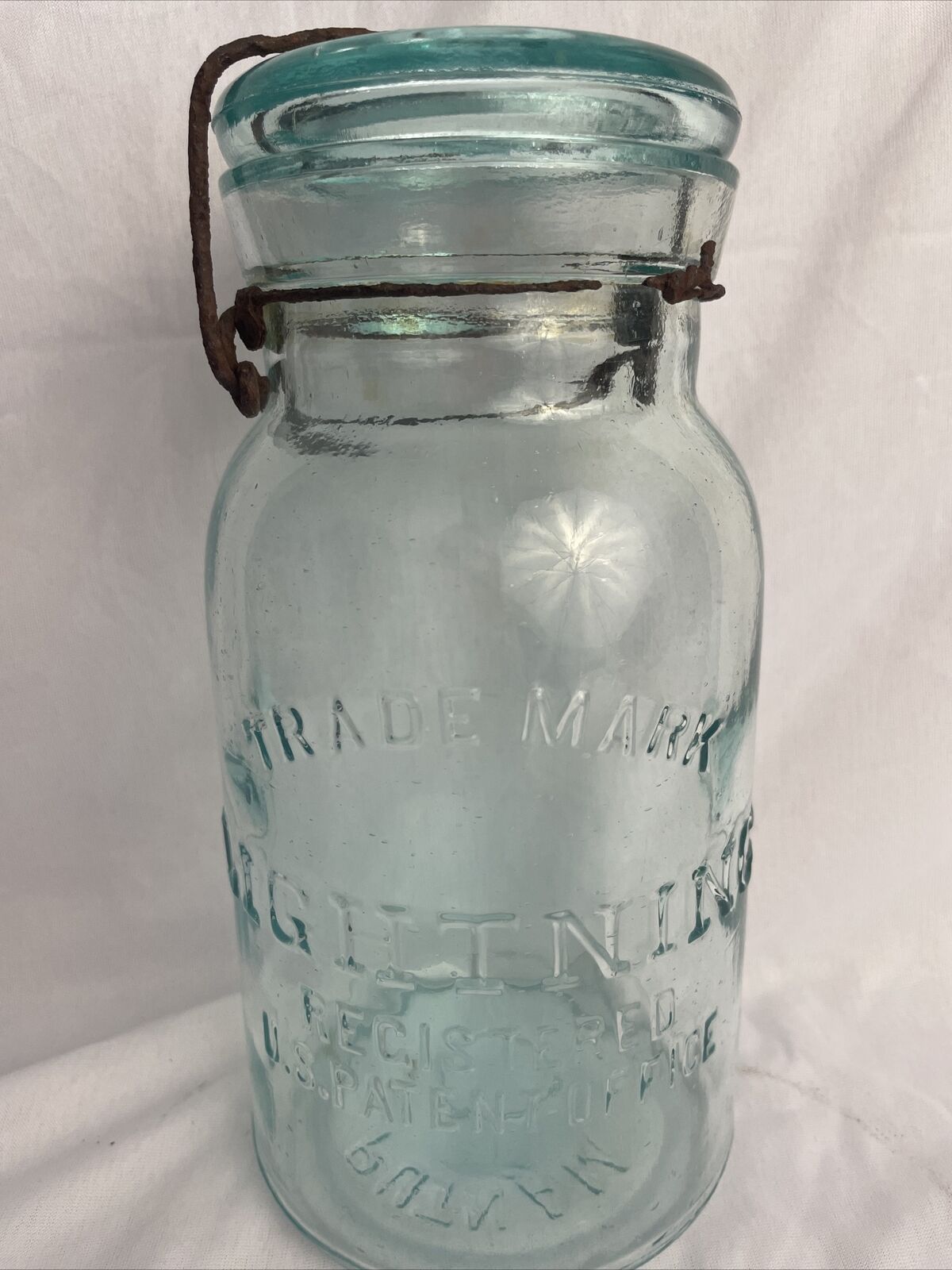 Lightning Putnam Quart Antique Aqua Jar Trade Mark Wire Bail Latch Glass Lid