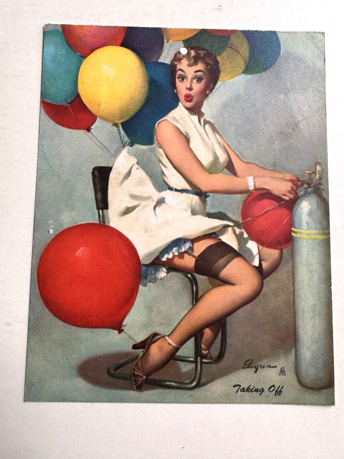 1950\'s Small Pinup Girl Picture-Blond w/ Balloons- Taking Off by Elvgren