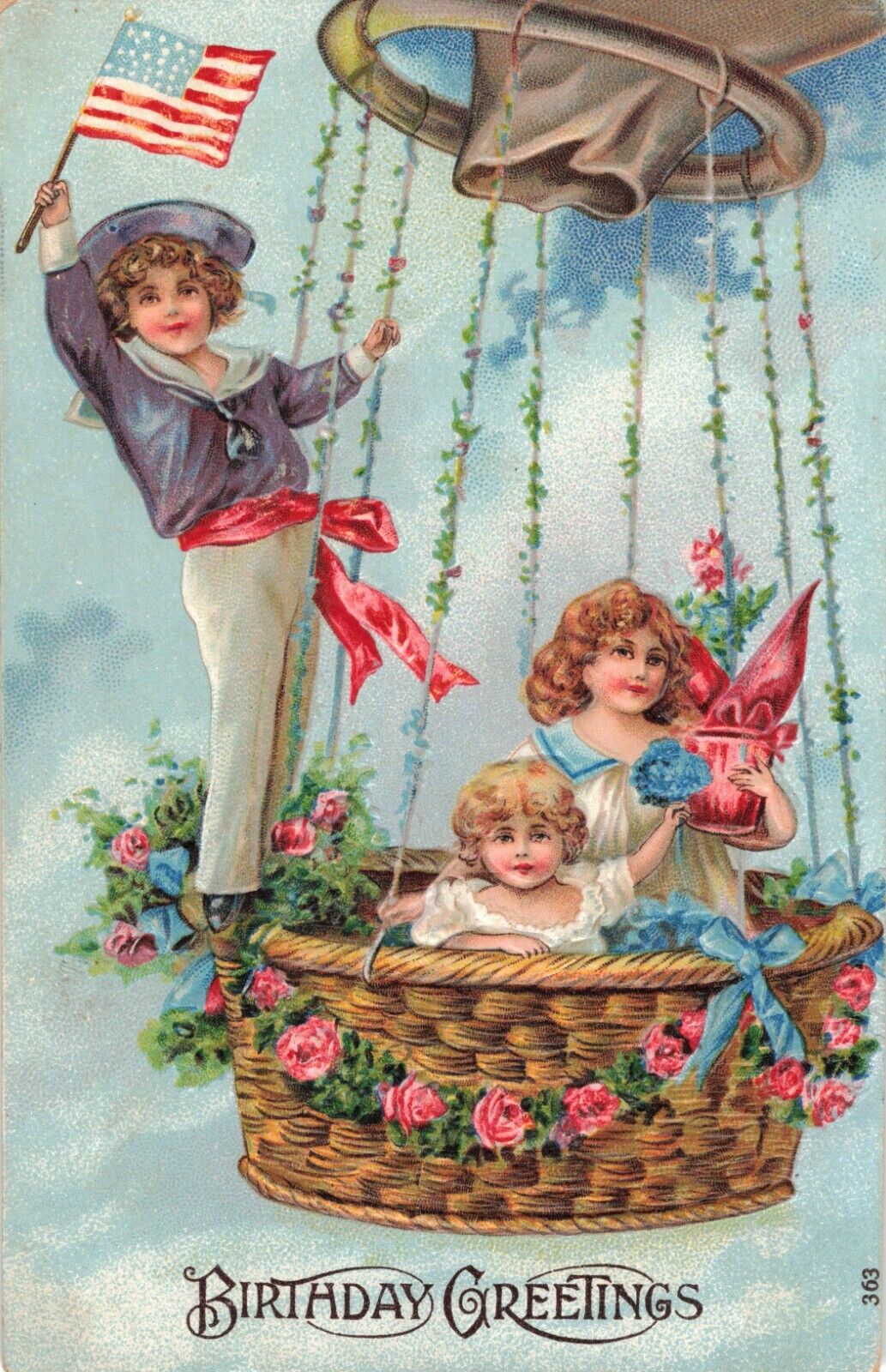 Birthday Greetings Sailor Boy Hot Air Balloon Flag Embossed c.1908 Postcard A454