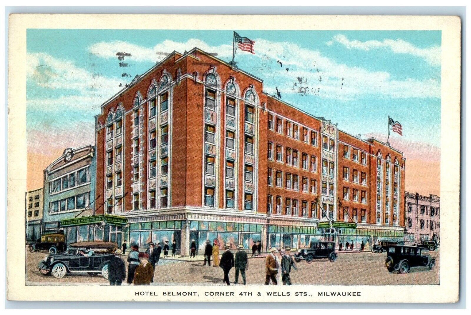 1932 Hotel Belmont Corner 4th & Wells Sts. Cars Milwaukee Wisconsin WI Postcard