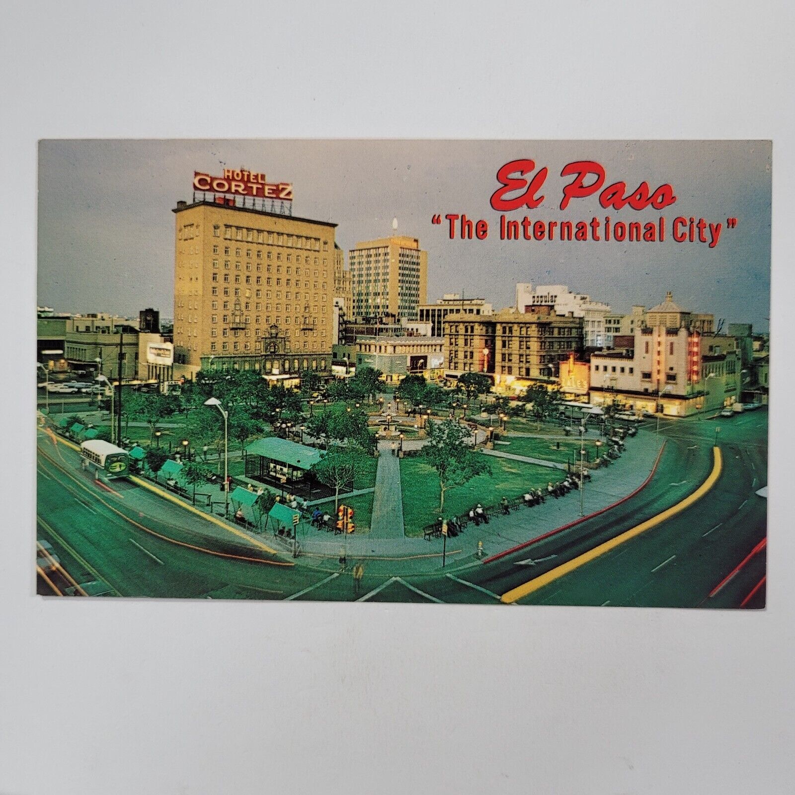El Paso International City Texas San Jacinto Plaza Night View Vintage Postcard