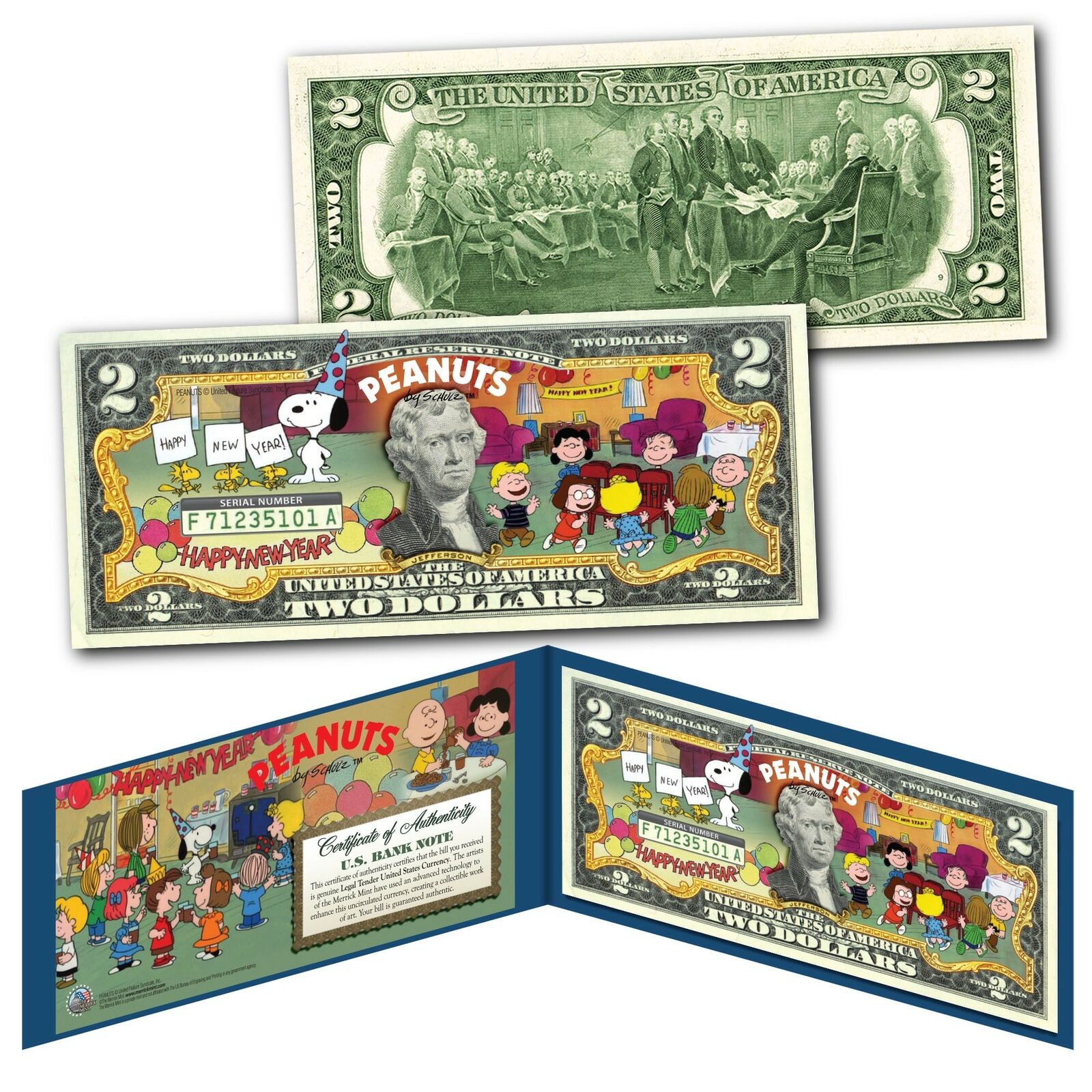 HAPPY NEW YEAR Peanuts Snoopy Charlie Brown Licensed US Genuine $2 Bill w/Folio