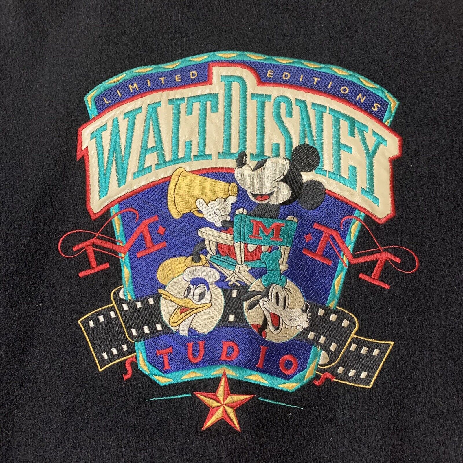 Vintage Walt Disney Studios Editions Varsity Jacket Embroidered Leather Rare XL