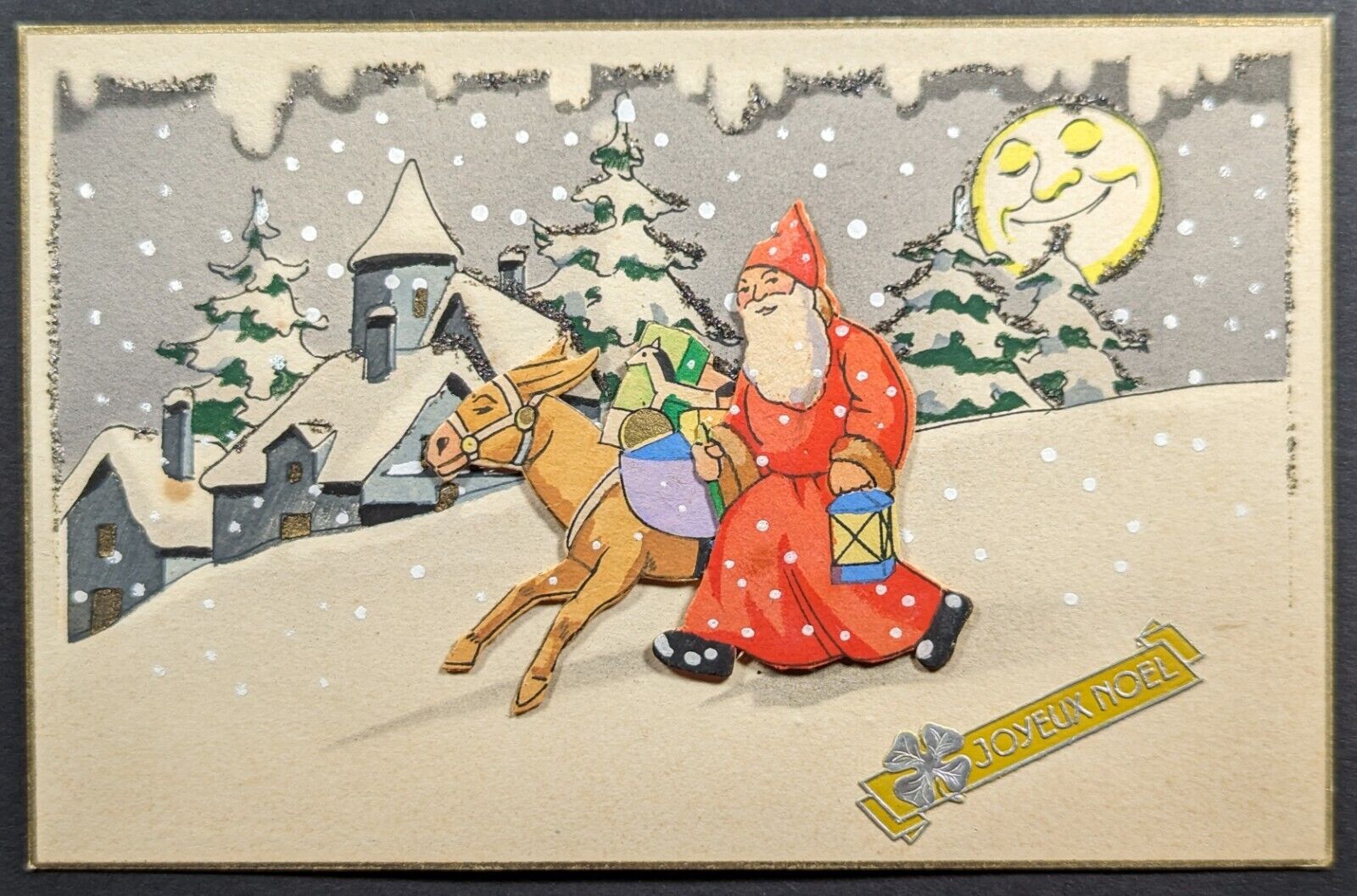 Postcard Vintage Christmas Santa Claus Donkey Delivering Presents Moon