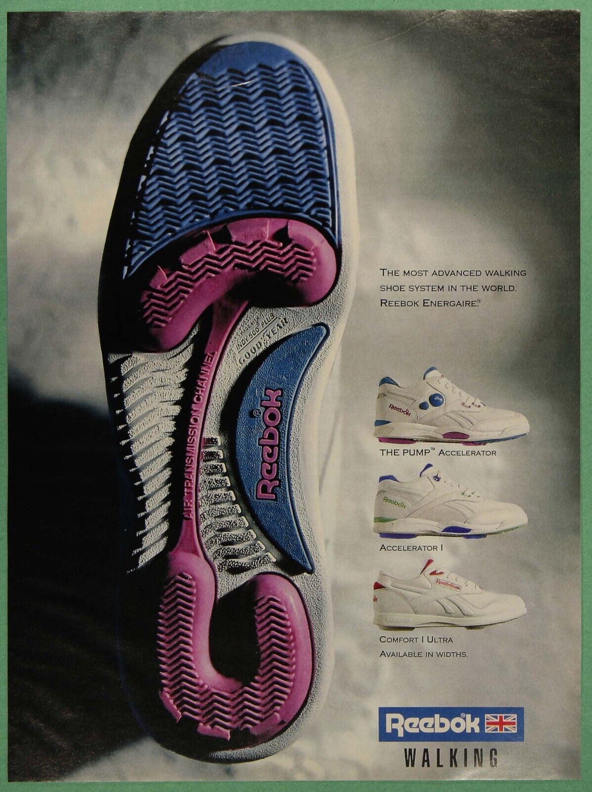 Reebok Walking Shoe Energaire Accelerator Pump Ultra Vintage Print Ad 1991