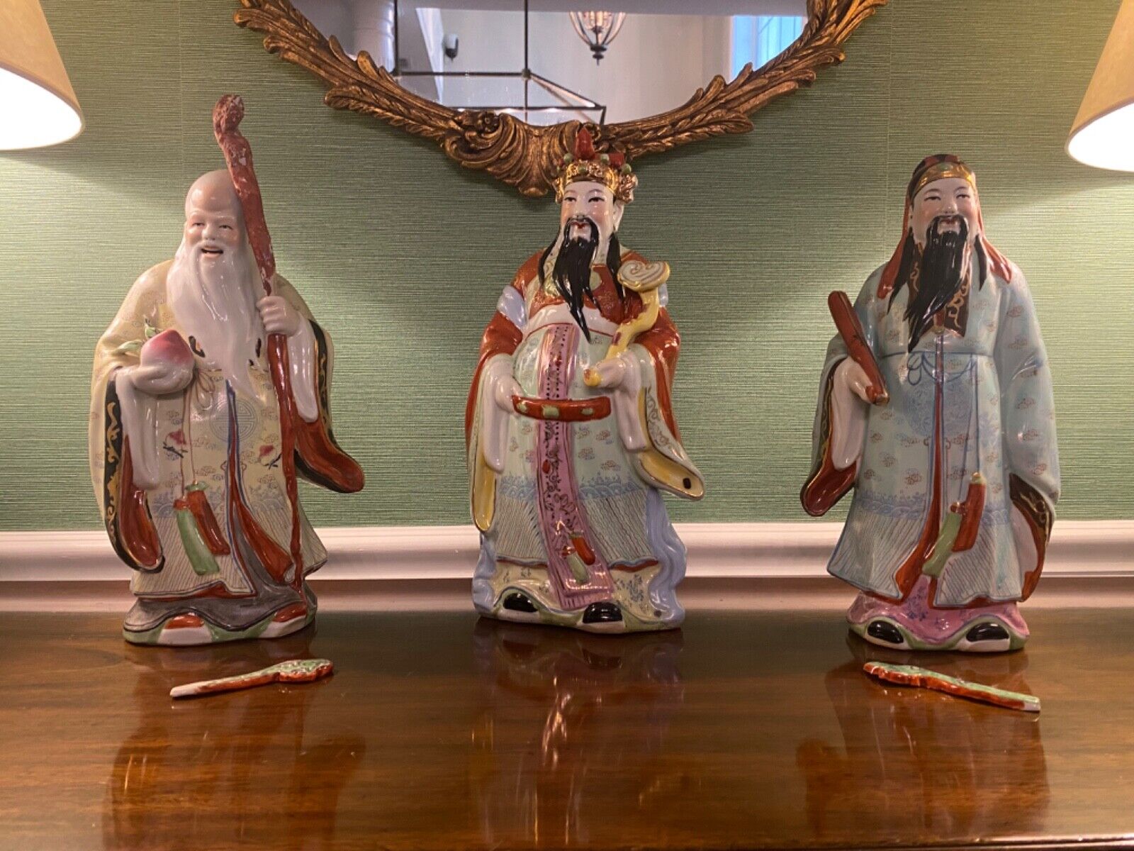  Chinese Sanxing Gods Porcelain Figurines Three Wise Old Men (roughly 14 inches)