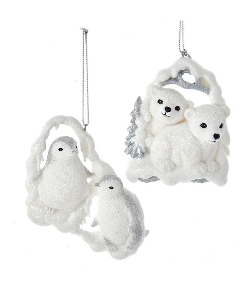Set/2 Kurt Adler Wht Polar Bear Cub Baby Penguin Animal Ornament Christmas Decor