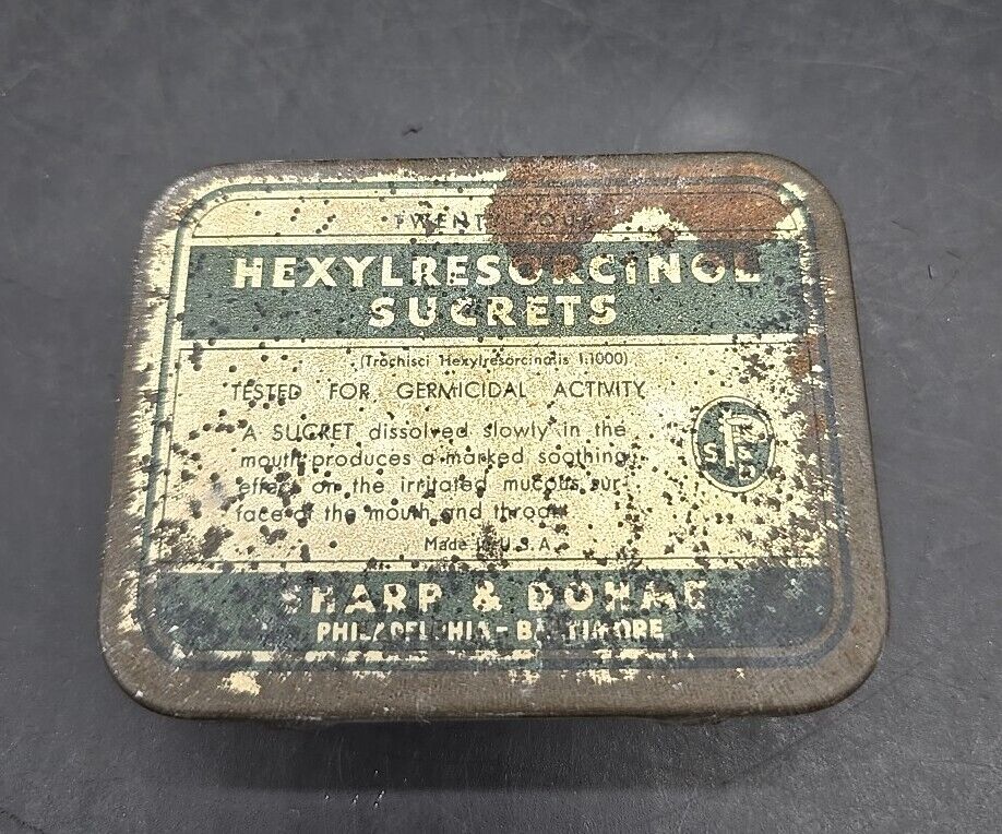 Vintage 1930’s Hexylresorcinol Sucrets Sore Throat Hinged Tin Container