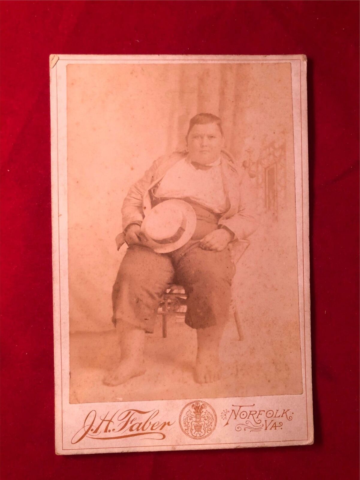 Circa 1880's ORIGINAL Cabinet Card Photograph VERY HEAVY KID w/ Straw Hat OBESE