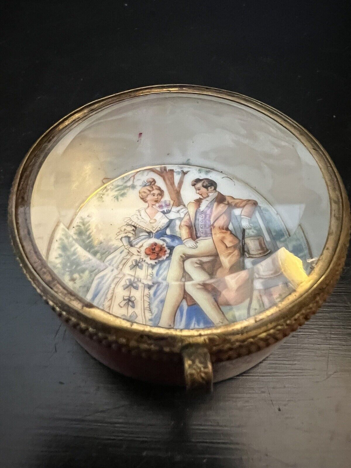 Vintage Porcelain Hand Painted Trinket Box Glass Top Czechoslovakia courting