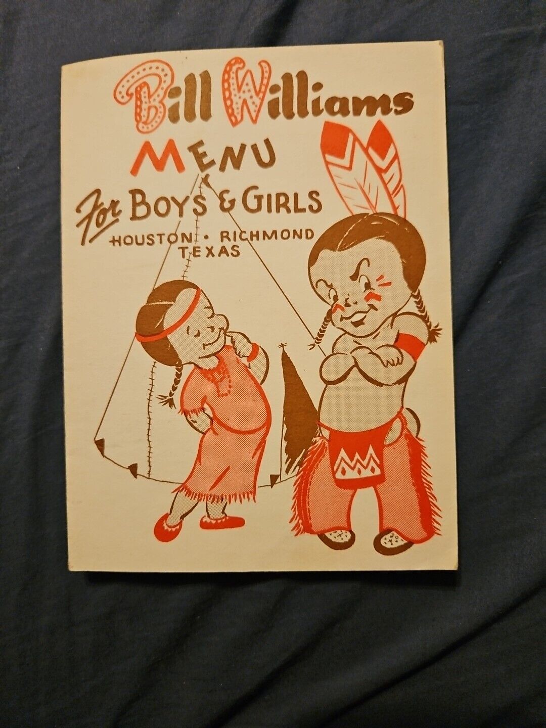 Vintage 1940's 1950's Bill williams menu Houston richmond texas. For boys girls.