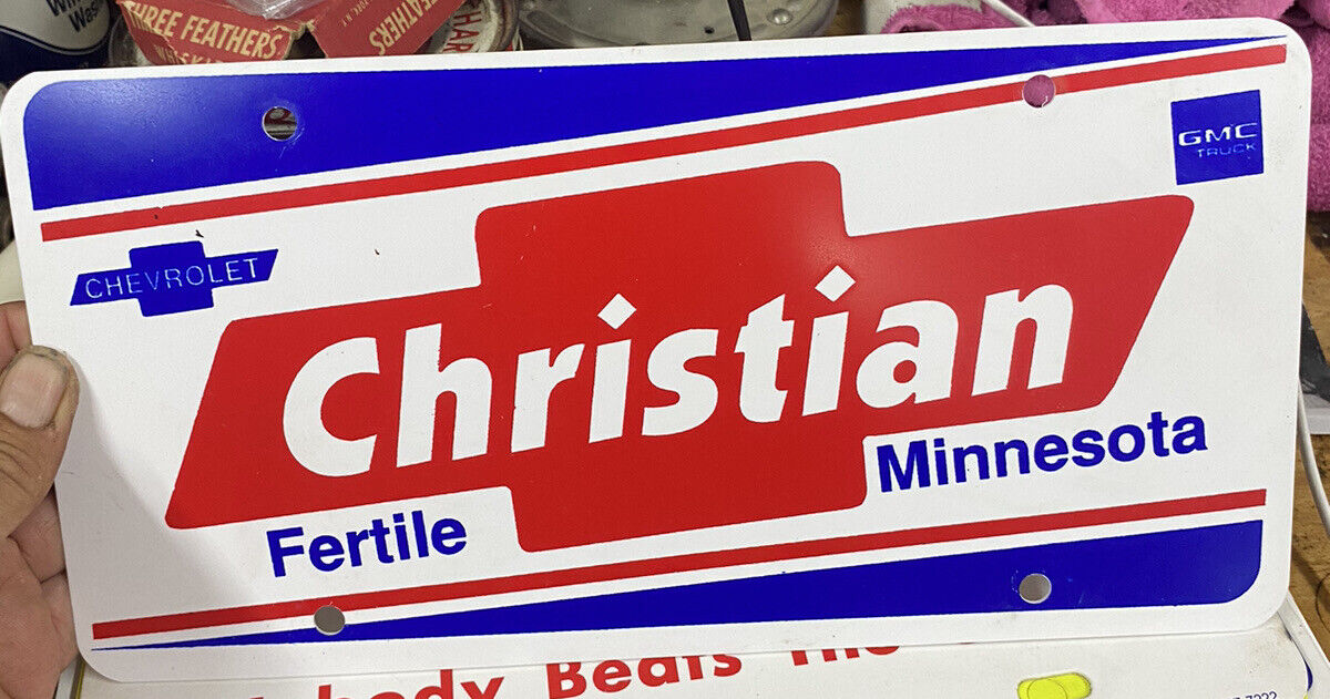 Christian Fertile Minnesota Plastic Dealer License Plate Chevy Ad Sign