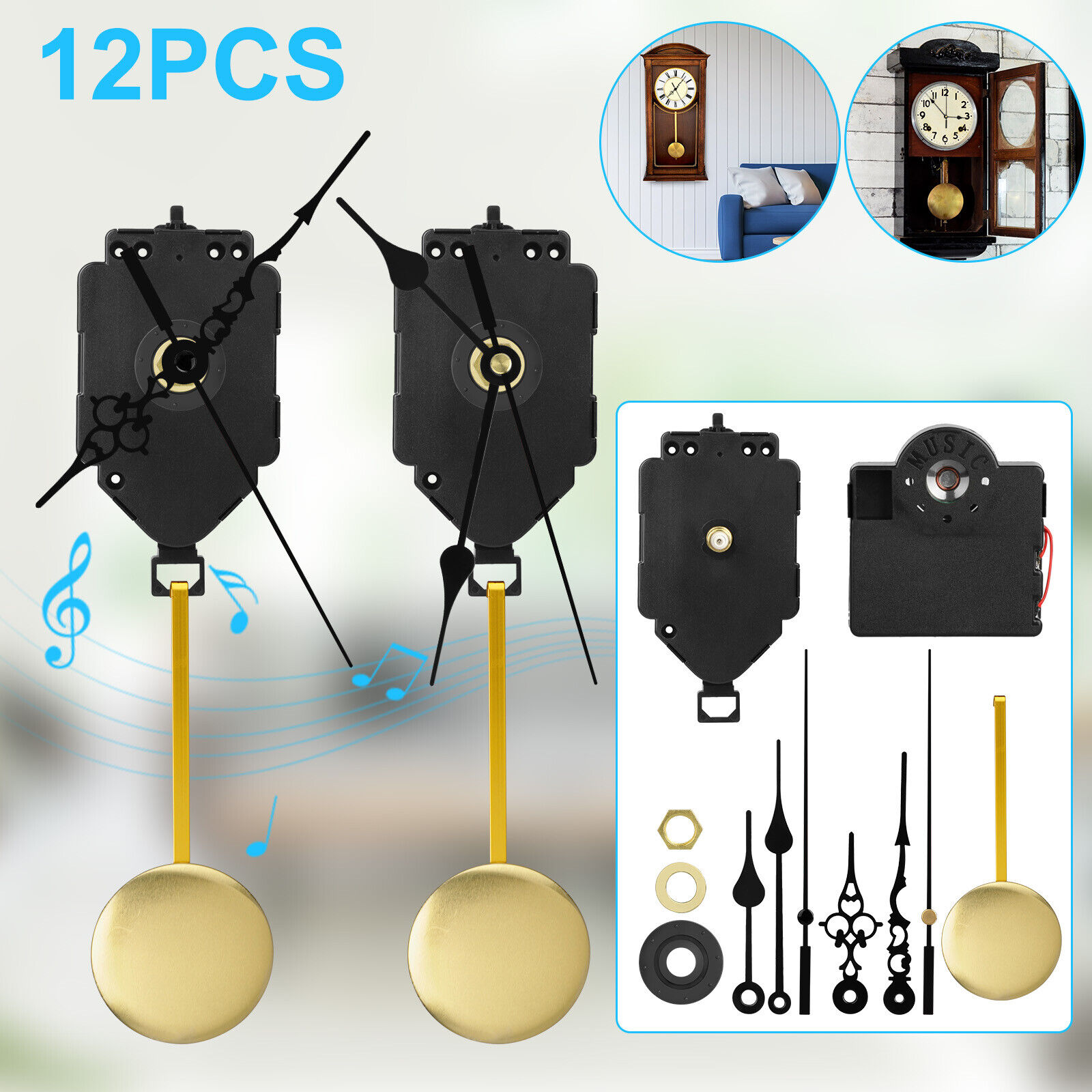 Quartz Mechanism Replacement Wall Clock Movement Music Chime Box Hands Motor Kit