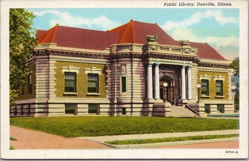 c1930s DANVILLE, Illinois Postcard PUBLIC LIBRARY Building View - Curteich