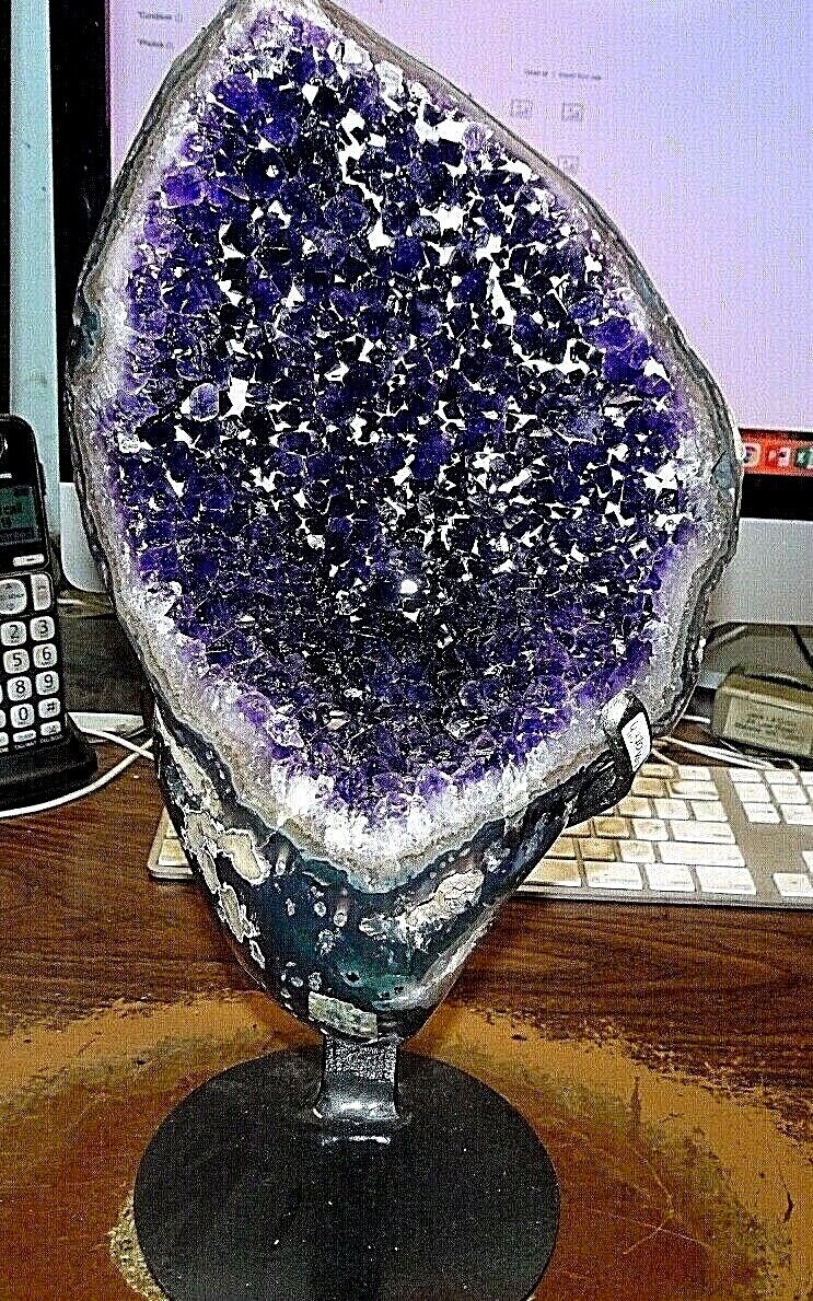LARGE AMETHYST  CRYSTAL CLUSTER CATHEDRAL GEODE F/ URUGUAY STEEL STAND; CALCITE