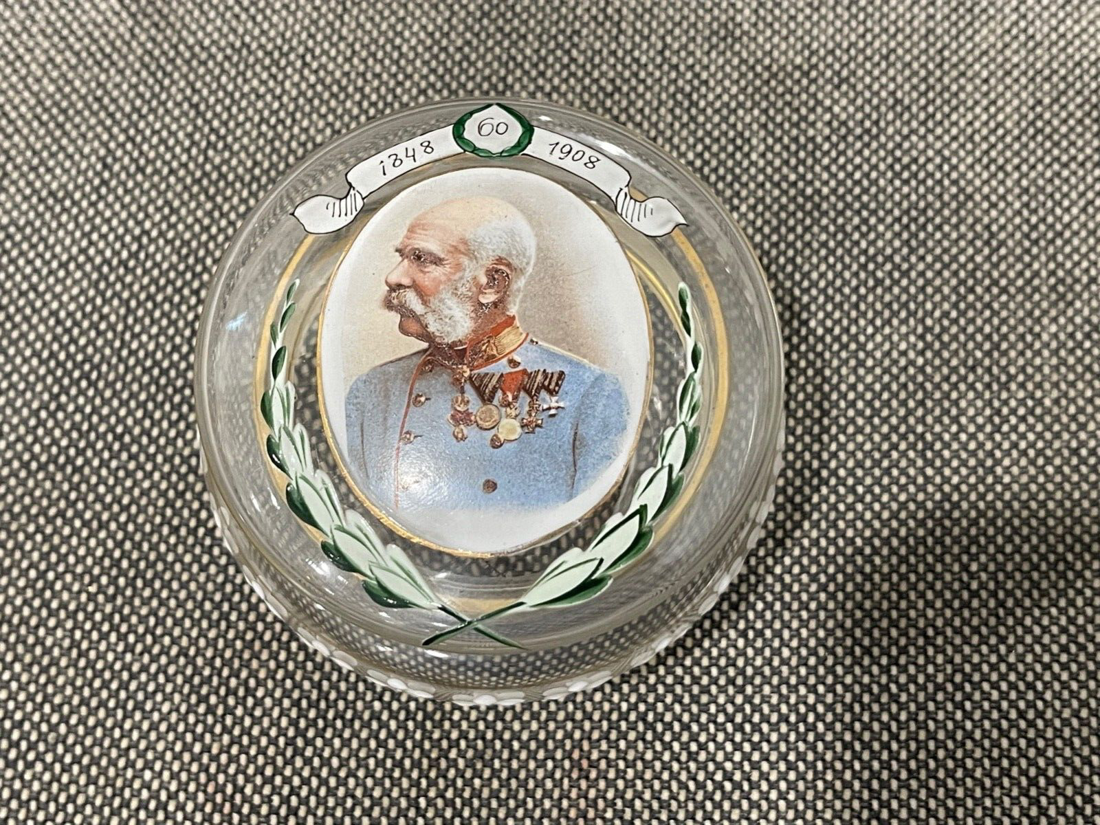 Antique 1908 Glass & Enamel Painted Box 60 Years Emperor Franz Joseph I Austria