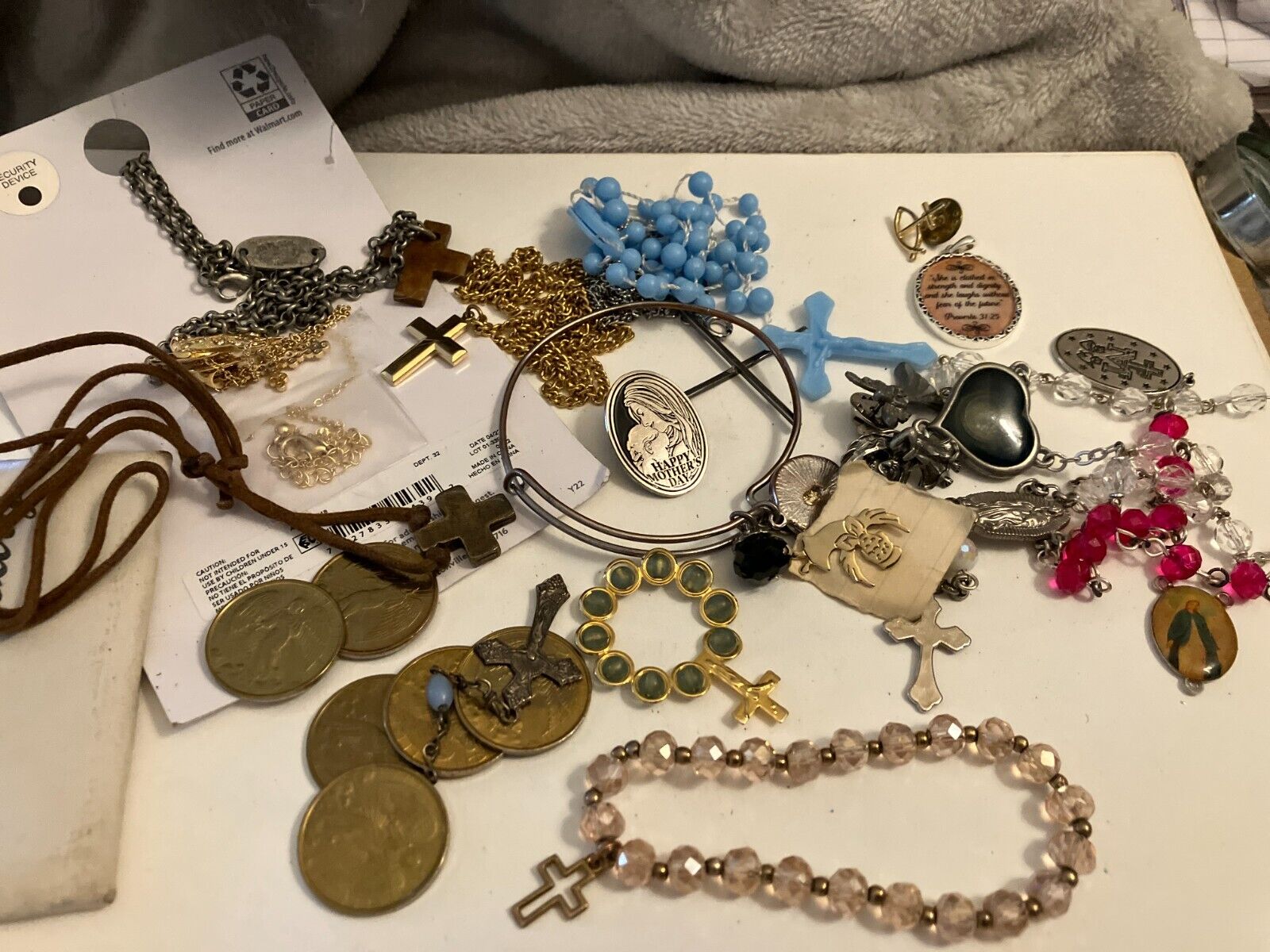 vintage estate lot of religious items bracelet, angel coins, bracelet