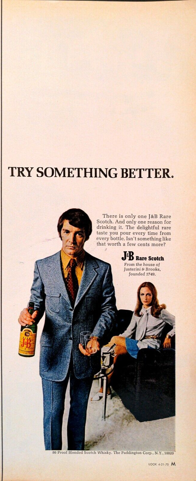 1970 J and B Rare Scotch Print Ad Blended Whiskey Man Leisure Suit Woman Couch